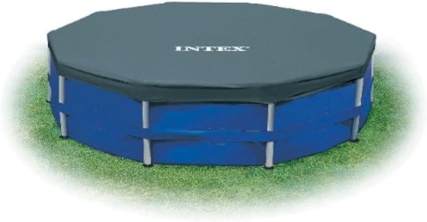 INTEX 28032E Pool Cover: for 15ft Round Metal Frame Pools – Includes Rope Tie – Drain Holes – 10in Overhang – Snug Fit