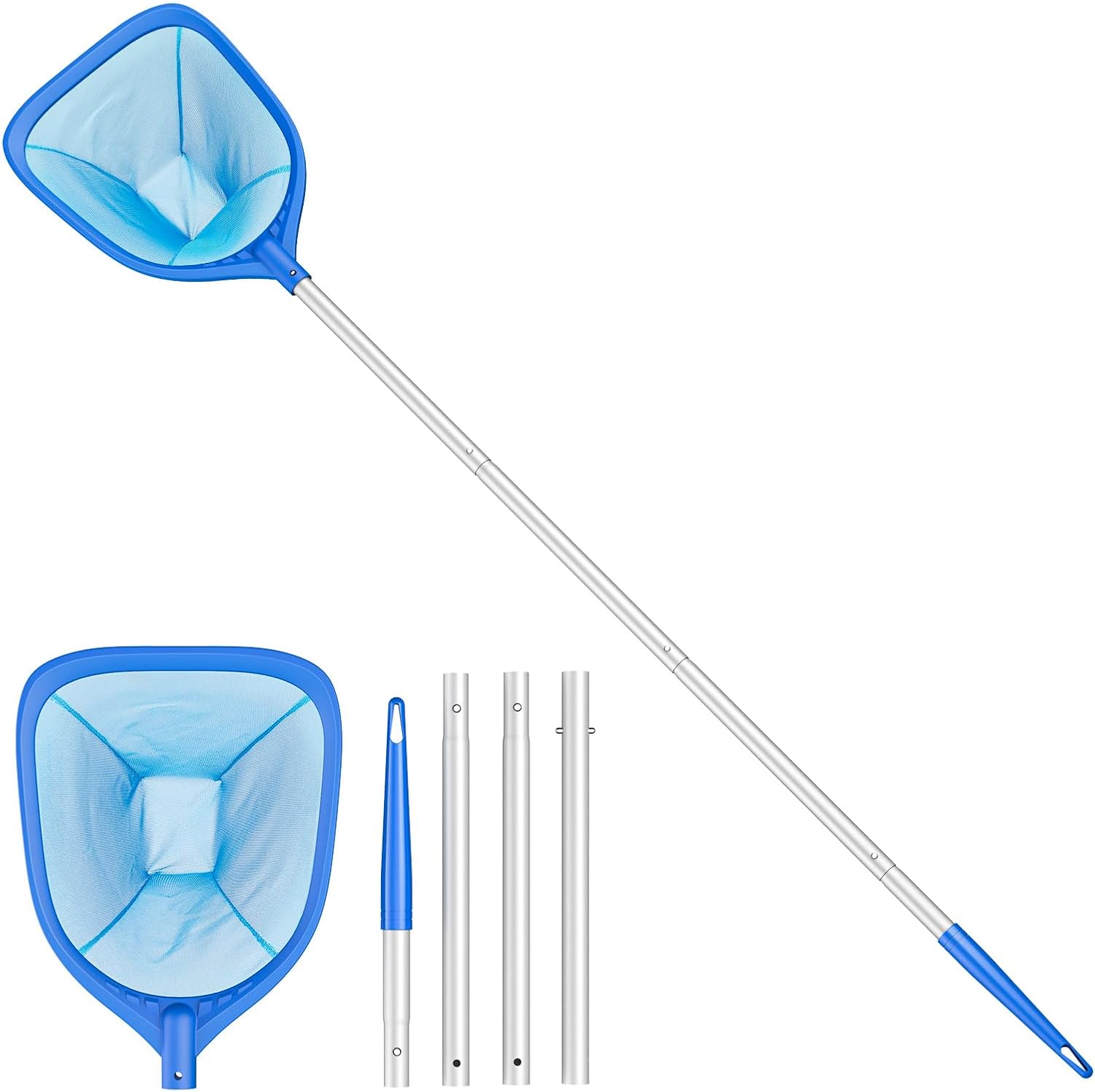 Swimming Pool Skimmer Net Total Length 57 inches, Leaf Rake Net with 4 Section Telescopic Aluminum Pole for Fast Cleaning Ponds, Hot Tub, and Spas, Pool Cleaner Supplies and Accessories