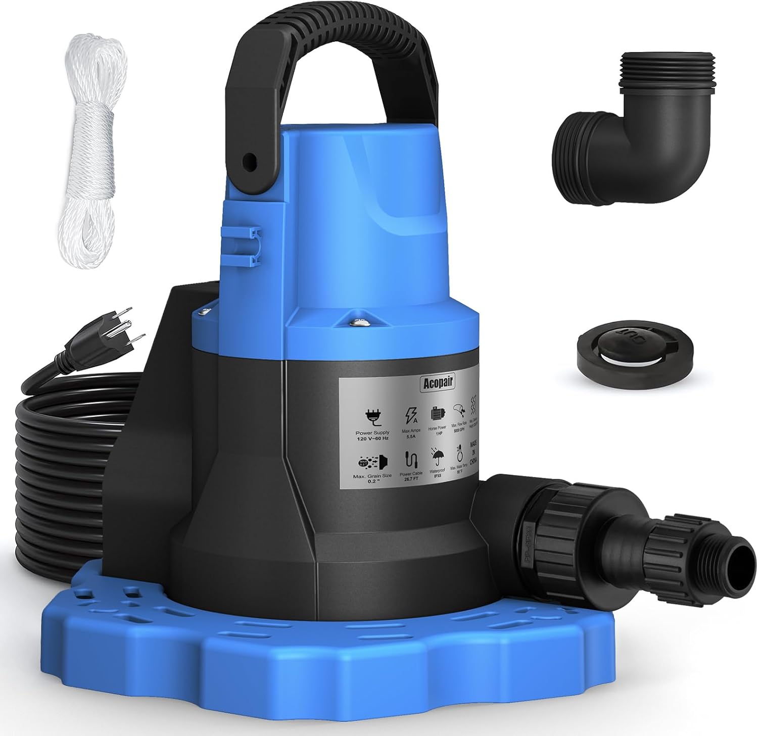 1 HP Automatic Swimming Pool Cover Pump, 115 V Submersible with 3/4” Check Valve Adapter & 26ft Power Cord, 5000 GPH Water Removal for Pool, Hot Tubs, Rooftops, Water Beds and more