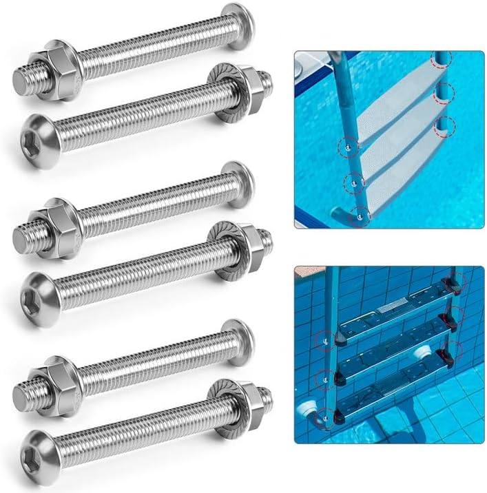 6 Packs Swimming Pool Ladder Bolts and Nuts- Stainless Steel Pool Ladder Bolts Replacement Kit- Pool Ladder Steps Screws Fasteners for Fixing Above Ground Pools Ladder Stairs