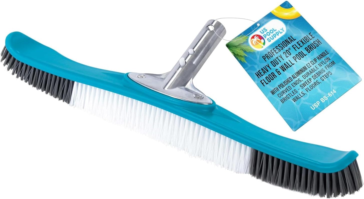U.S. Pool Supply Pool Brush Head for Inground Pools - 20" Swimming Pool Brush with Pole Handle, Bristle Scrub Brushes with Curved Ends, Above Ground Cleaning Equipment Scrubber Cleaner Leaves Debris