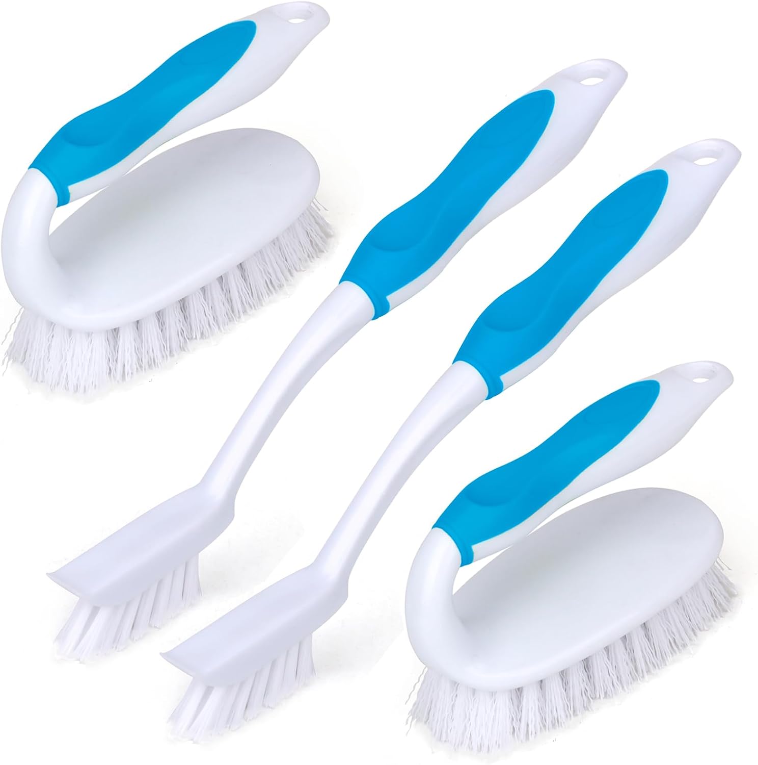 Scrub Brush Set, 4 Pack Deep Cleaning Brush Kit – 2 Scrub Brush, 2 Tile & Grout Brush with Built-in Scraper, Household Commercial Scrubber for Floor, Shower, Pool Wall, Tub (Blue)