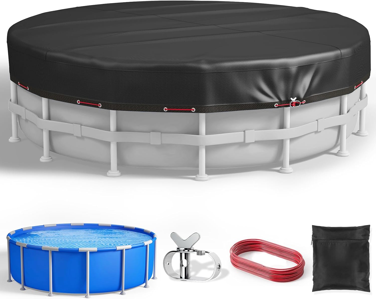 12Ft Round Pool Cover, Upgraded 420D Heavy Duty Oxford Fabric Pool Covers for Above Ground Pool with Winch and Cable, All Season Inflatable Pool Cover for UV Resistant, Waterproof and Dustproof