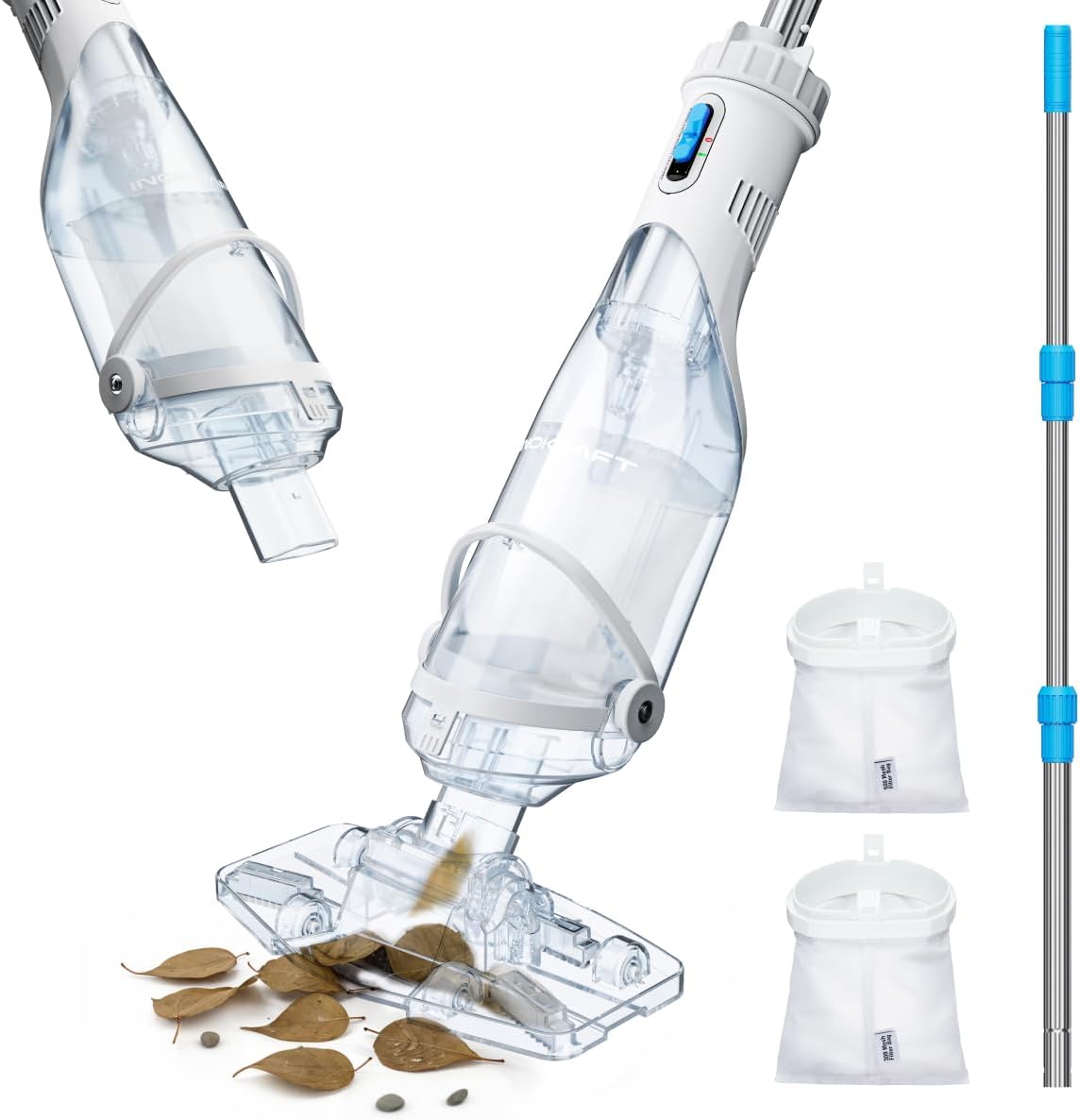 InoKraft Cordless Pool Vacuum Cleaner, Rechargeable, Handheld Pool Vacuum for Above Ground and Inground Pools, Transparent Head, 59” Extendable Pole, for Leaves, Debris, Shallow Steps, Blue