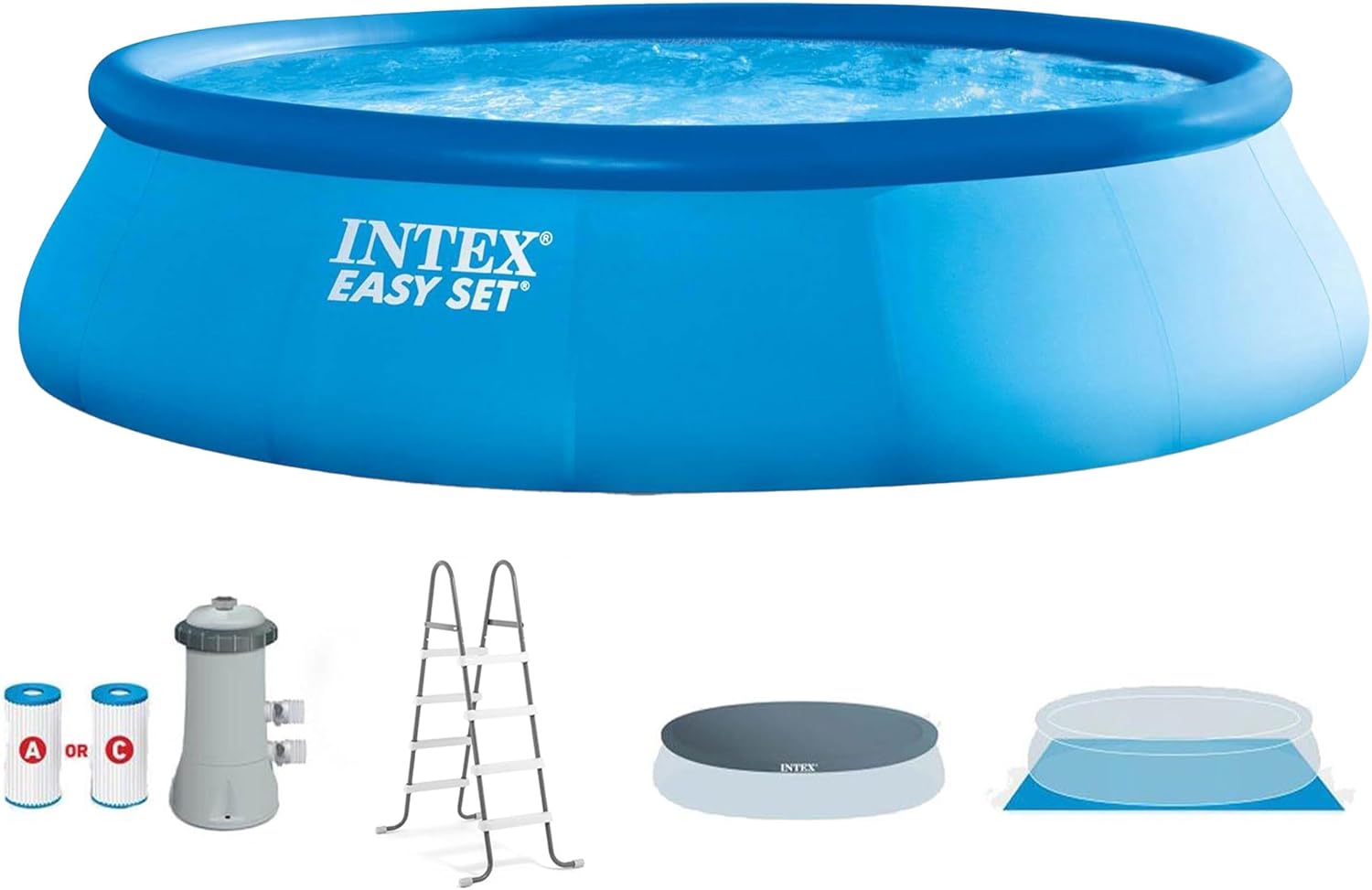 INTEX 28165EH Easy Set Inflatable Swimming Pool Set: 15ft x 42in – Includes 1000 GPH Cartridge Filter Pump – Removable Ladder – Pool Cover – Ground Cloth