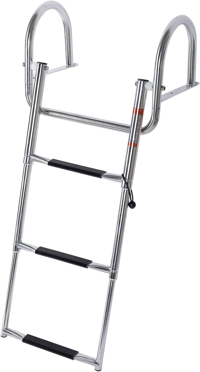 Amarine Made Amarine Made Stainless Steel in-Board 3 Steps 14'' Wide Telescoping Ladder Folding Dock Ladder with Double Pedals for Marine Boat Yacht Swimming Pool 550lbs Capacity