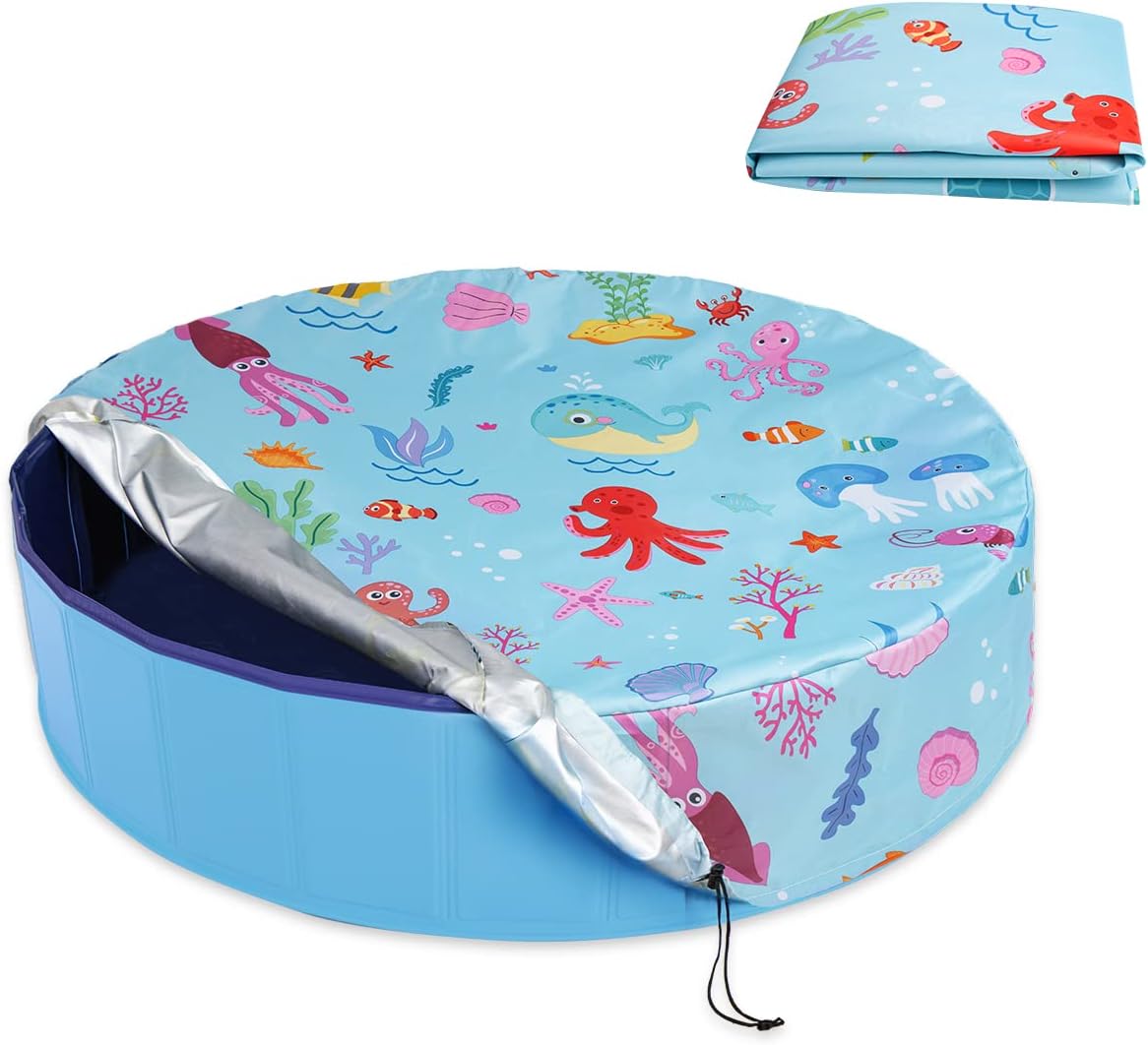 Round Pool Cover 32", Foldable Kiddie Solar Cover Fit Dog Swimming Pool, Pets Kids Bath Tub, Anti-UV Dustproof Safety Pool Covers with Cute Ocean Animals Pattern