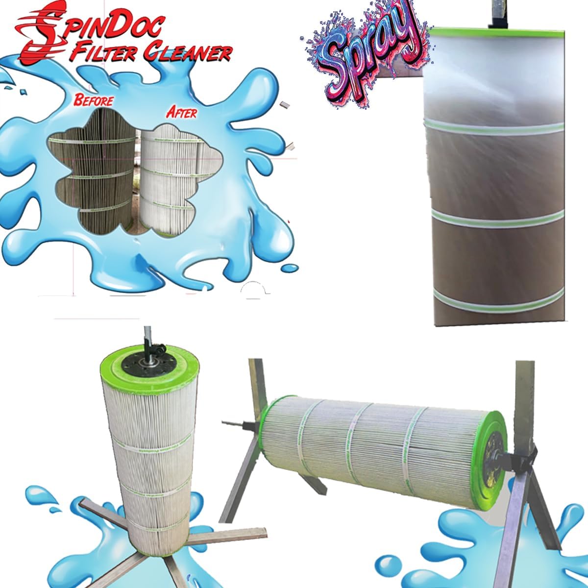 SpinDoc Filter Cleaner for 3, 4 or 6 Inch Swimming Pool Cartridges, Tornado Cyclonic Spinner Action Cleaning Maintenance Pump Equipment Above in ground Solar Cover Salt Systems or Chlorine