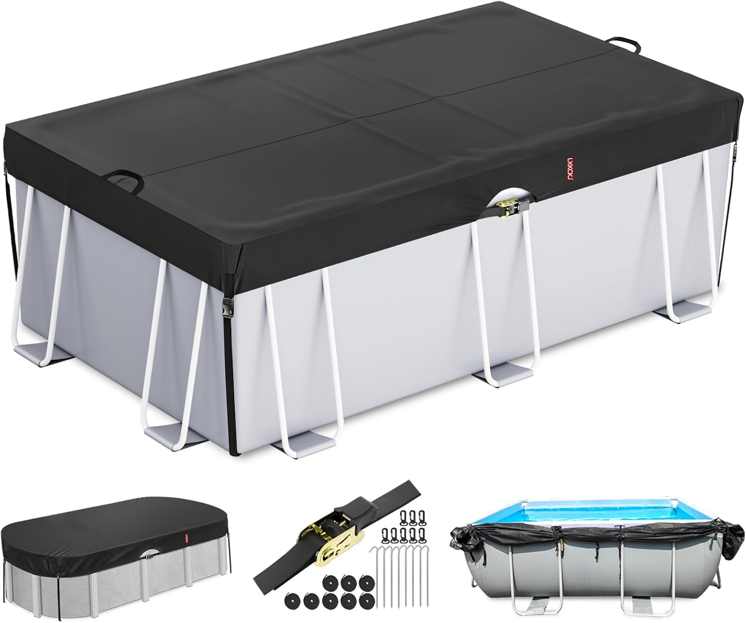 LXKCKJ 7x10 FT Rectangular Pool Cover for Above Ground Pool, Solar Oval Pool Cover Protection with Tensioner, Ideal for Rectangular/Oval Frame Pool Waterproof & UV-Resistant (Black)
