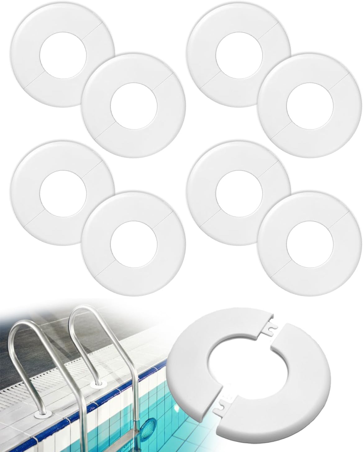 8 Pcs Round Escutcheon Plate ABS Plumbing Cover Plates Wall Split Flange Self-Adhesive Tape, Swimming Pool Ladder Cover for 1.9 Inch Inner Diameter Tube