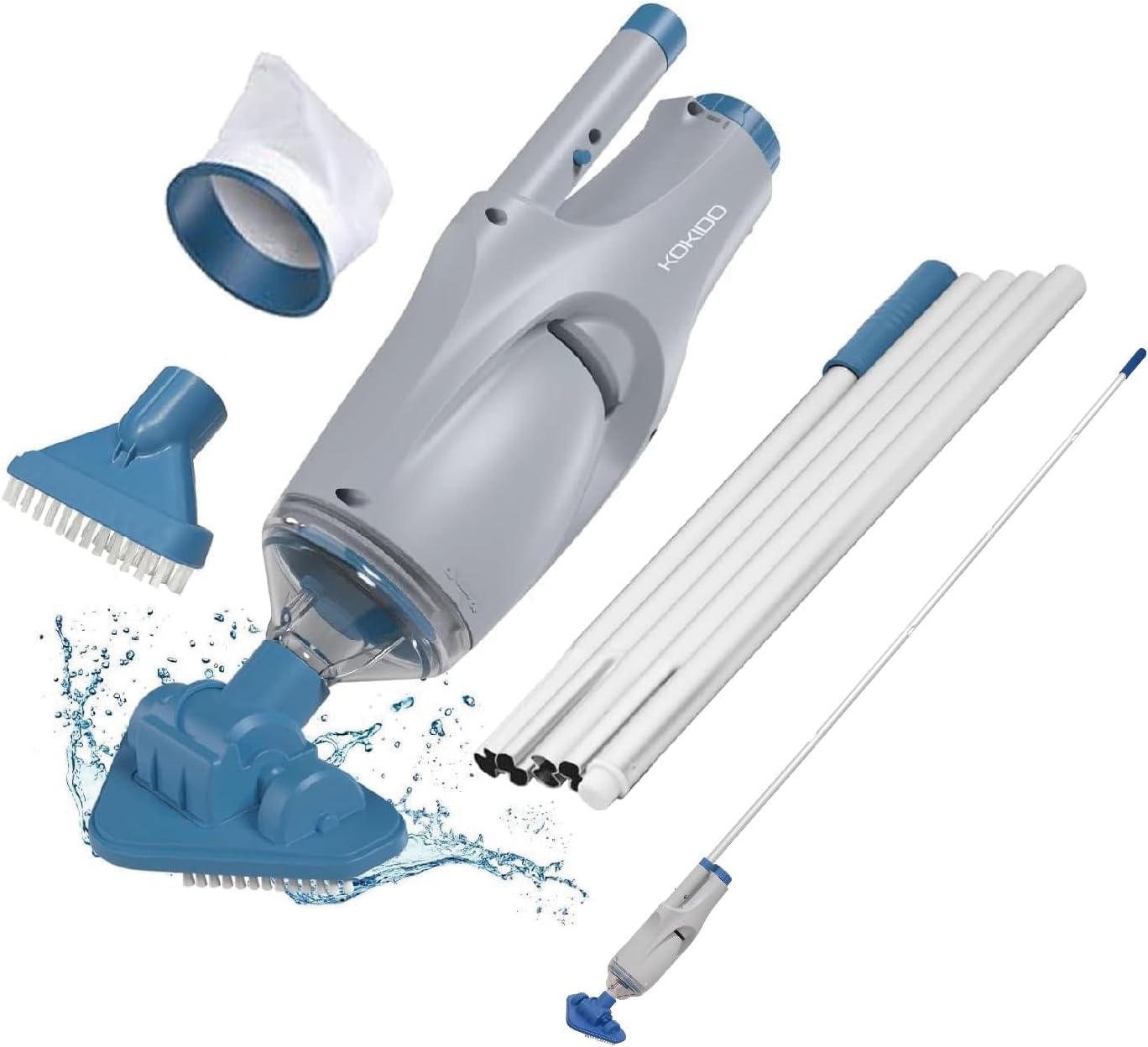 KOKIDO (2025 Upgrade) Rechargeable Handheld Pool Vacuum with Dual Brush Heads and Aluminum Pole, 60 mins Cordless Spot Cleaning Suction, Above Ground Pool, Hot Tub, Spa and Pools to 20ft, XTROVAC 110