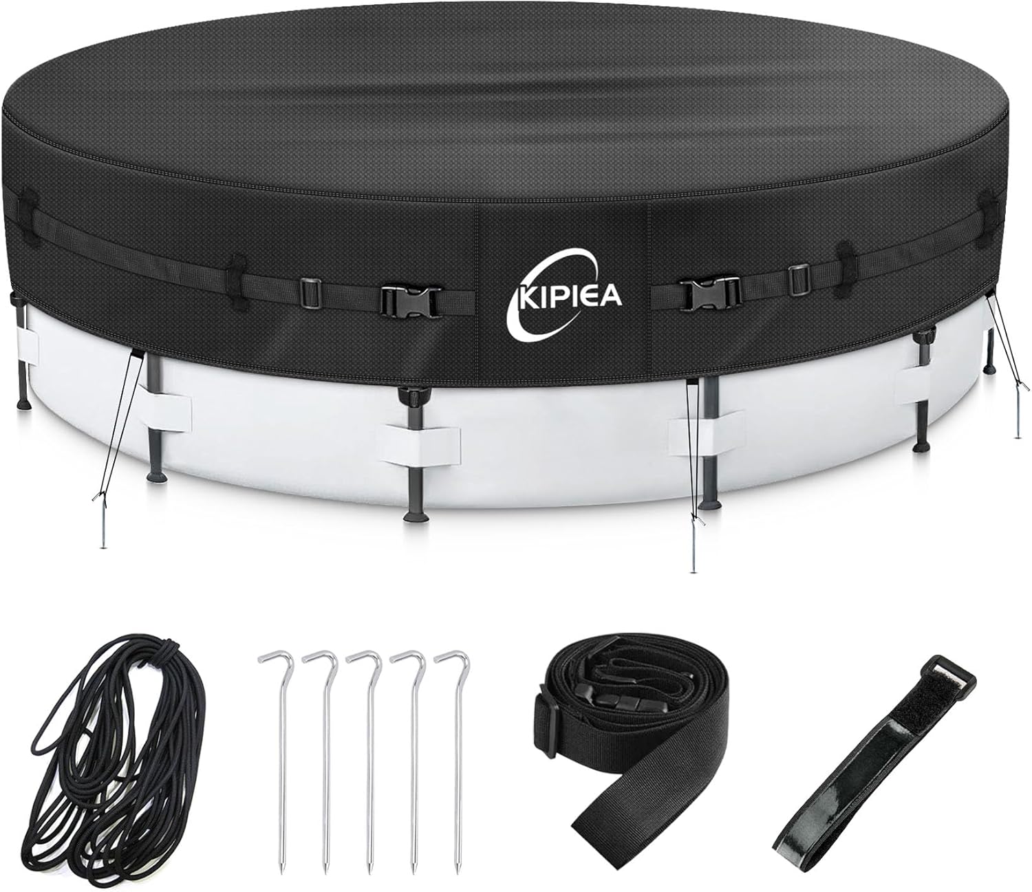 Kipiea Upgrade 500D 18ft Round Pool Cover with Full Circle Straps, Several Anti-Slip Straps and Tent Stakes for Above Ground Pool, Winter Pool, Solar Pool, etc
