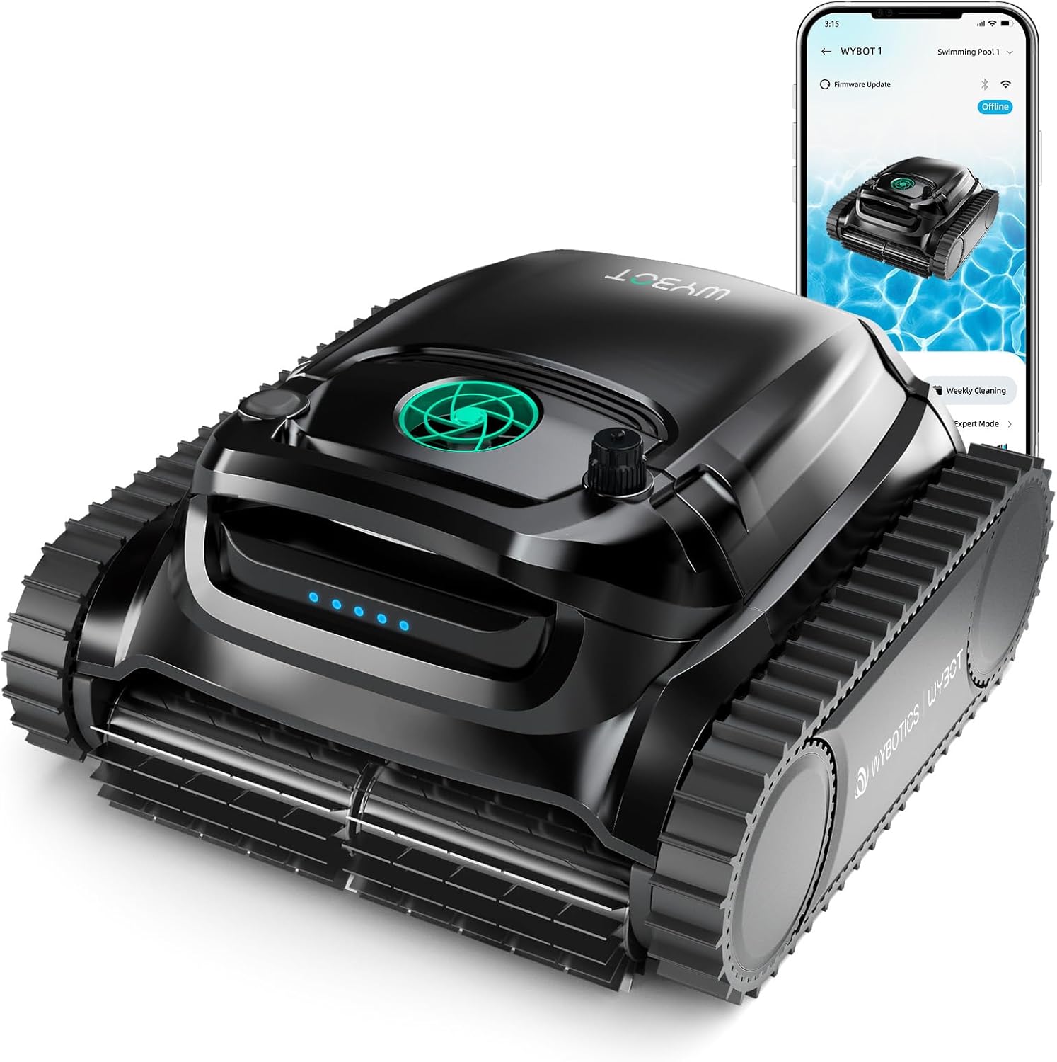 WYBOT M1 Robotic Pool Vacuum Cleaner, 7 Modes & 7 Paths, Dual Filtration, App Control, 120W Brushless Motor, 10,000mAh Battery, 300mins Runtime, Covers 4,305 Sq.Ft, Black&Green
