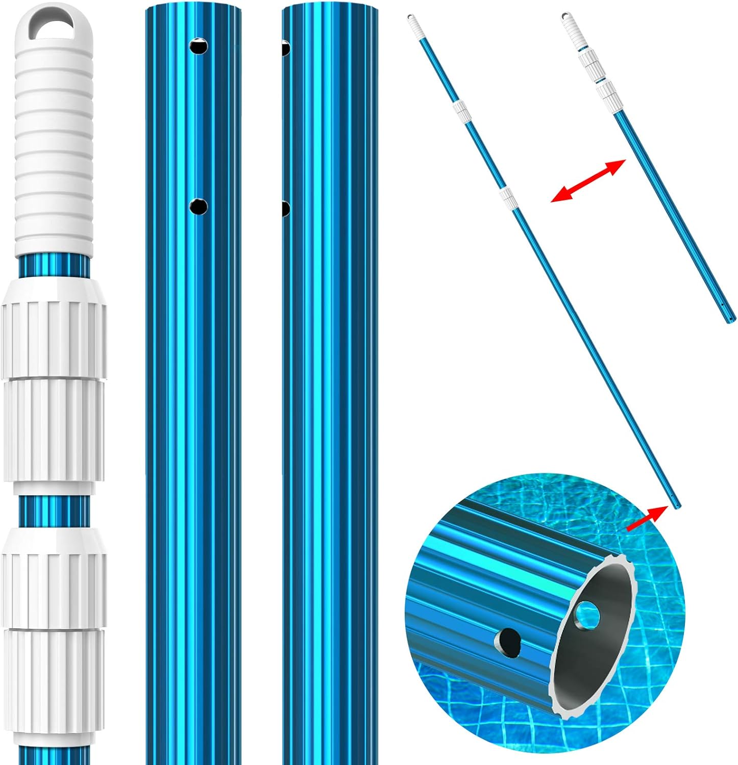 CKE Upgraded 12 Feet Thicken 1.3mm Blue Aluminum Telescoping Swimming Pool Pole,Adjustable 3 Piece Expandable Step-Up,Attach Connect Skimmer Nets,Rakes,Brushes,Vacuum Heads with Hoses, Universal 1.25"