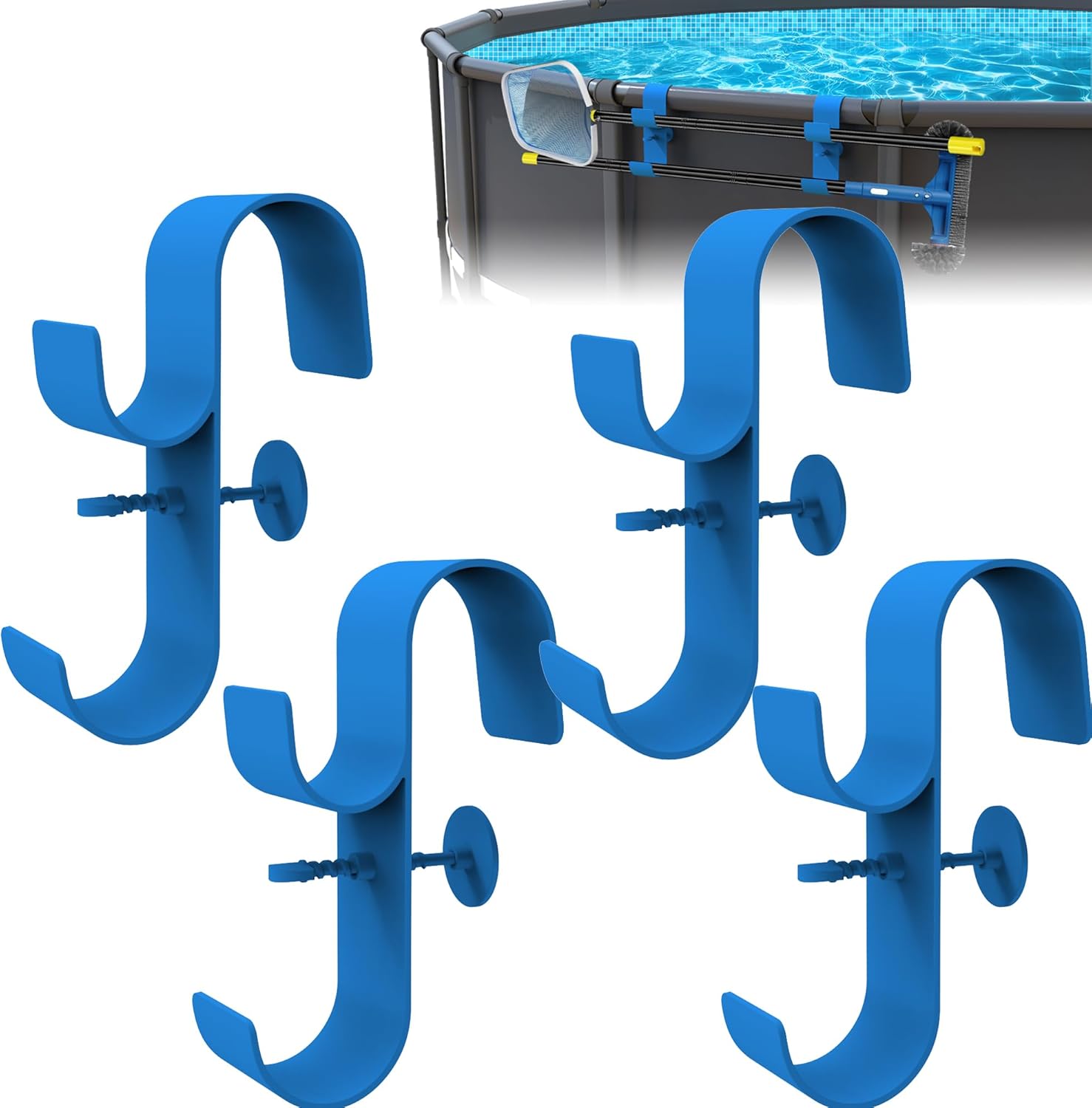 Poolside Pool Leaf Skimmer Net Holder, Above Ground Pool Pole Hanger, Above Ground Pool Accessories,Adjustable Telescopic Pool Pole Hooks,Pool Brush Hanger Tool Pool Equipment [Patented](2 PAIR)
