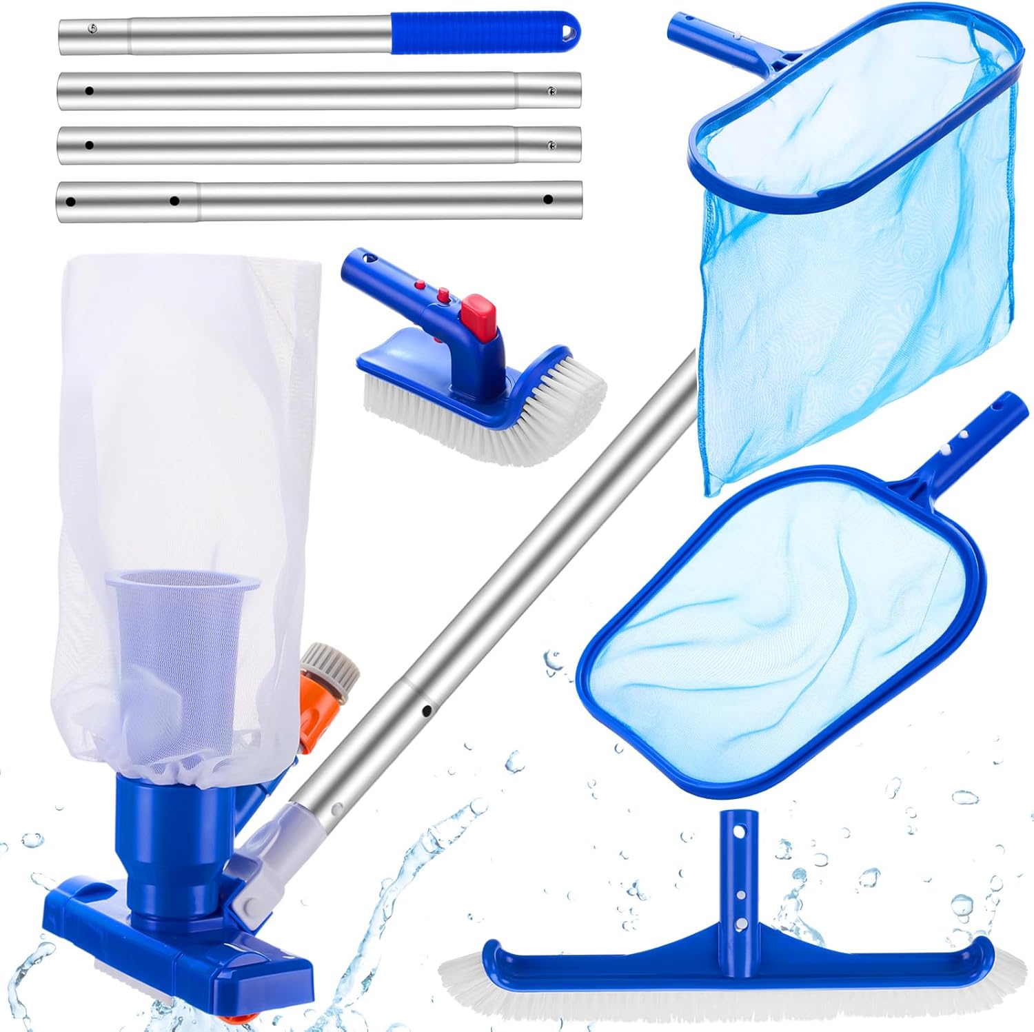 5 Pack Deluxe Swimming Pool Cleaning Kit Including Swimming Spa Jet Vacuum Cleaner Rotatable Scrub Brush Pool Brush Leaf Skimmer Net Half-Depth Fine Mesh Net with 55" Pole