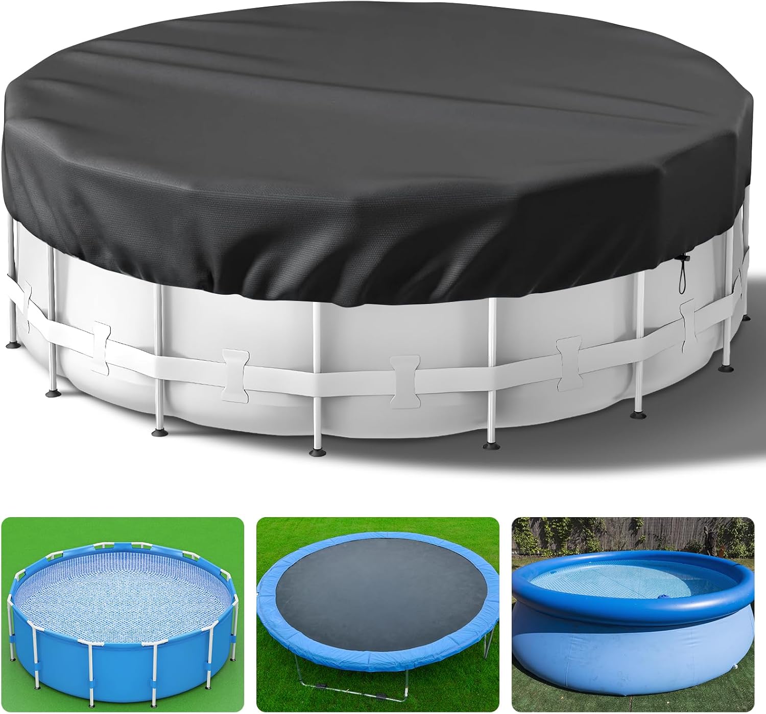 18 Ft Round Pool Cover, Solar Pool Covers for Above Ground Pools, Heavy Duty Winter Pool Cover Protector with Pool Accessories, PE Tarp Ideal for Waterproof and Dustproof (Black)