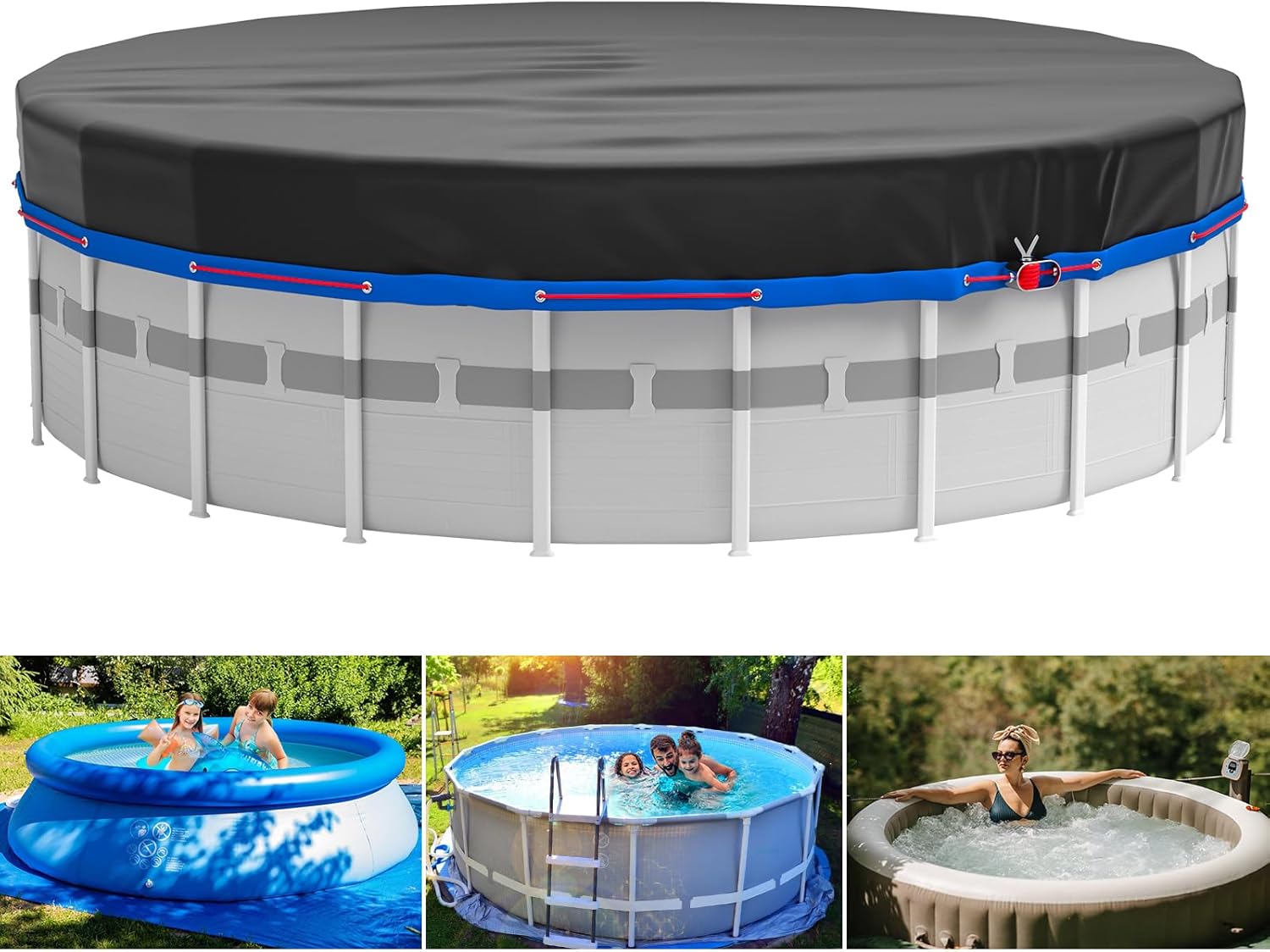 MIXC 15 Ft Round Pool Cover, Solar Covers for Above Ground Pools, Summer Pool Cover Protector with Pool Cover Accessories, Round Hot Tub Cover Ideal for Waterproof and Dustproof (Black)
