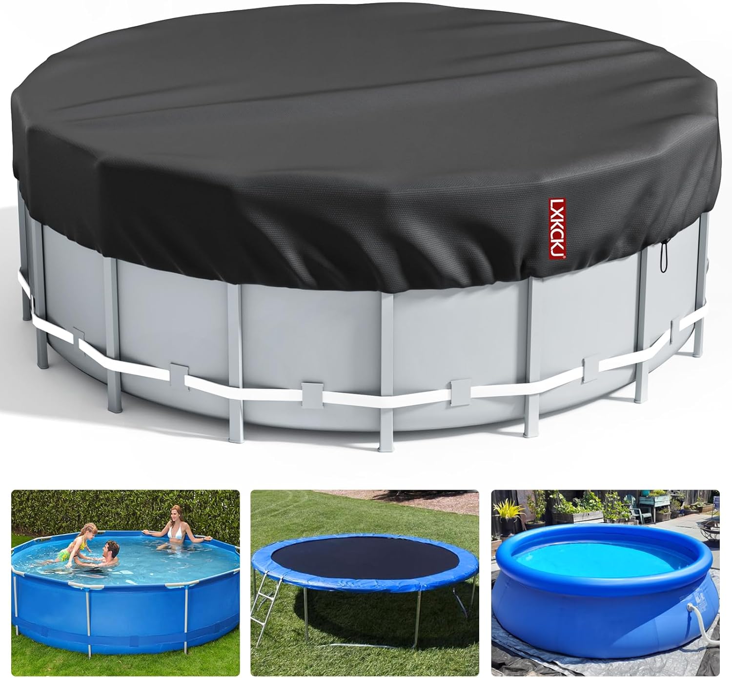 LXKCKJ 12 Ft Round Pool Cover, Solar Covers for Above Ground Pools, Summer Pool Cover Protector with Cover Accessories, PE Tarp Ideal for Waterproof and Dustproof (Black)