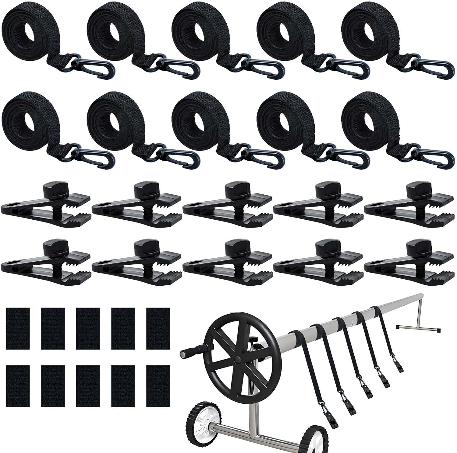 30Pcs Upgraded Pool Solar Cover Reel Straps Pool Cover Reel Attachment Straps Pool Reel Straps Kit Including 10 Solar Cover Reel Blanket Straps with Hooks,10 Pool Cover Clamps,10 Touch Fastener
