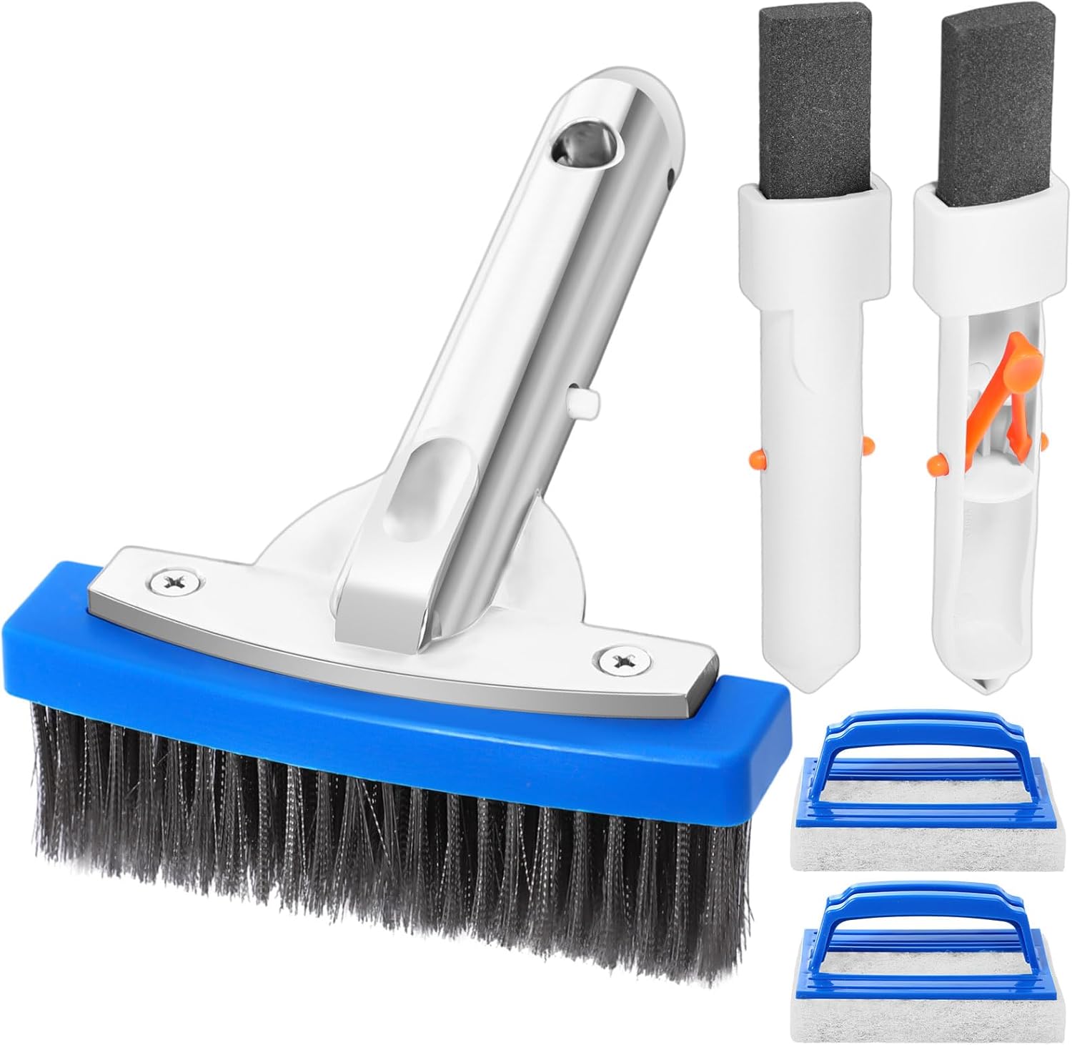Tioncy 5 Pcs Pool Brush Kit Includes Pool Pumice Stone and 5 Inch Stainless Steel Pool Brush with Ez-Clip Handle to Remove Rust Stain Spot in Concrete Plaster Pool Spa Calcium Deposit on Pool Tile