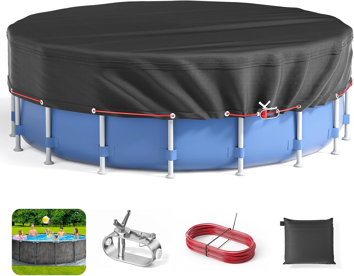 12Ft Round Pool Cover - Covers for Above Ground Pools, Inflatable Pool Cover Protector with Steel Rope, Increase Stability Ground Swimming Pools, Waterproof and Dustproof Swimming Pool Covers