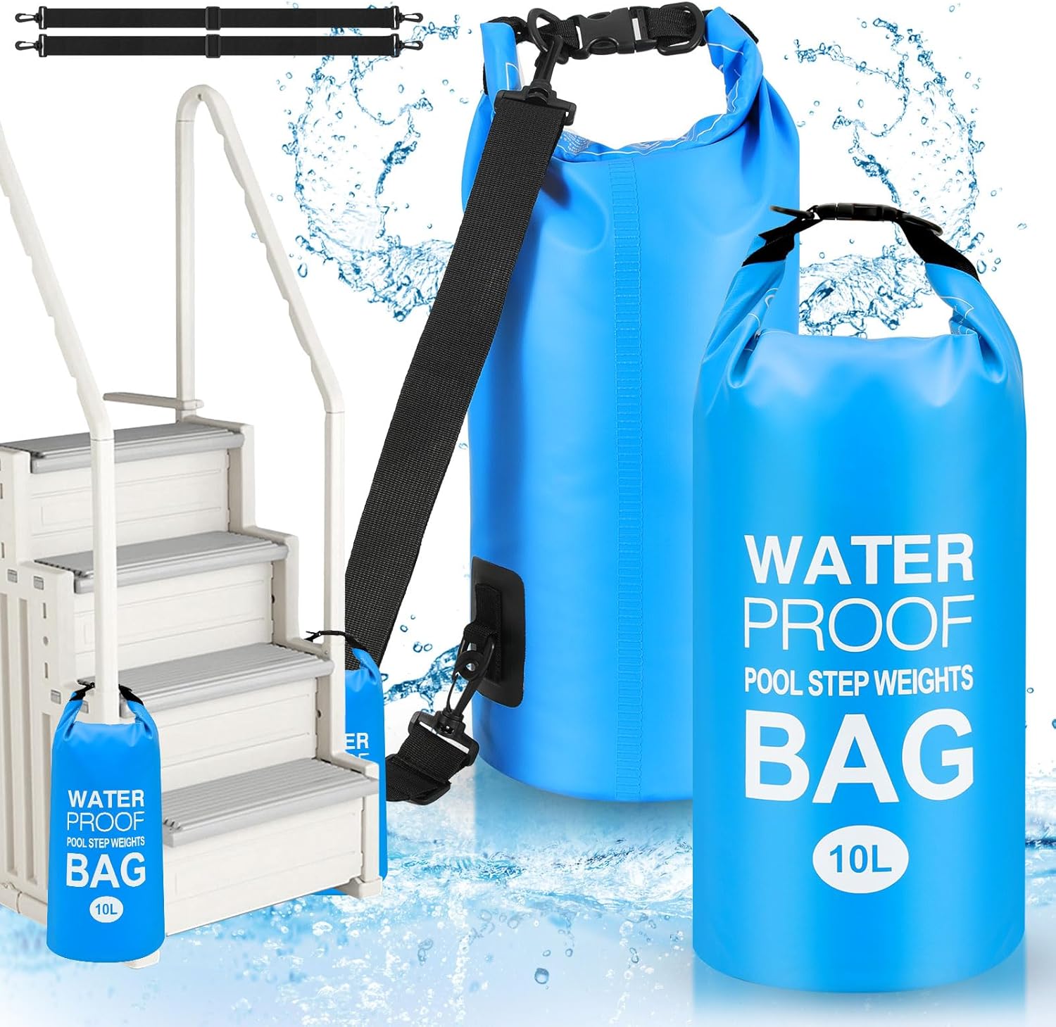 Goovilla Pool Ladder Weights Universal | 2 Pack 10L 500D PVC Waterproof Tear-Resistance Sand Bags for Above Ground Pools Steps | Easy to Fill and Seal with Strong Handle and 2 Straps (Sky Blue)