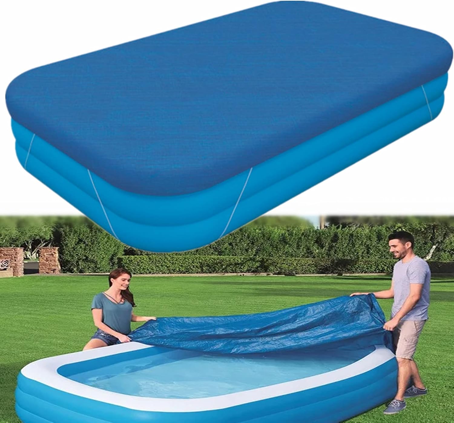Rectangle Pool Cover,Pool Cover for Inflatable Pool,Rectangular Inflatable Swimming Pool Cover, 10ft X 6ft Dustproof Rainproof Waterproof Square Swimming Pool Cover,Family Pool Cover (Blue)
