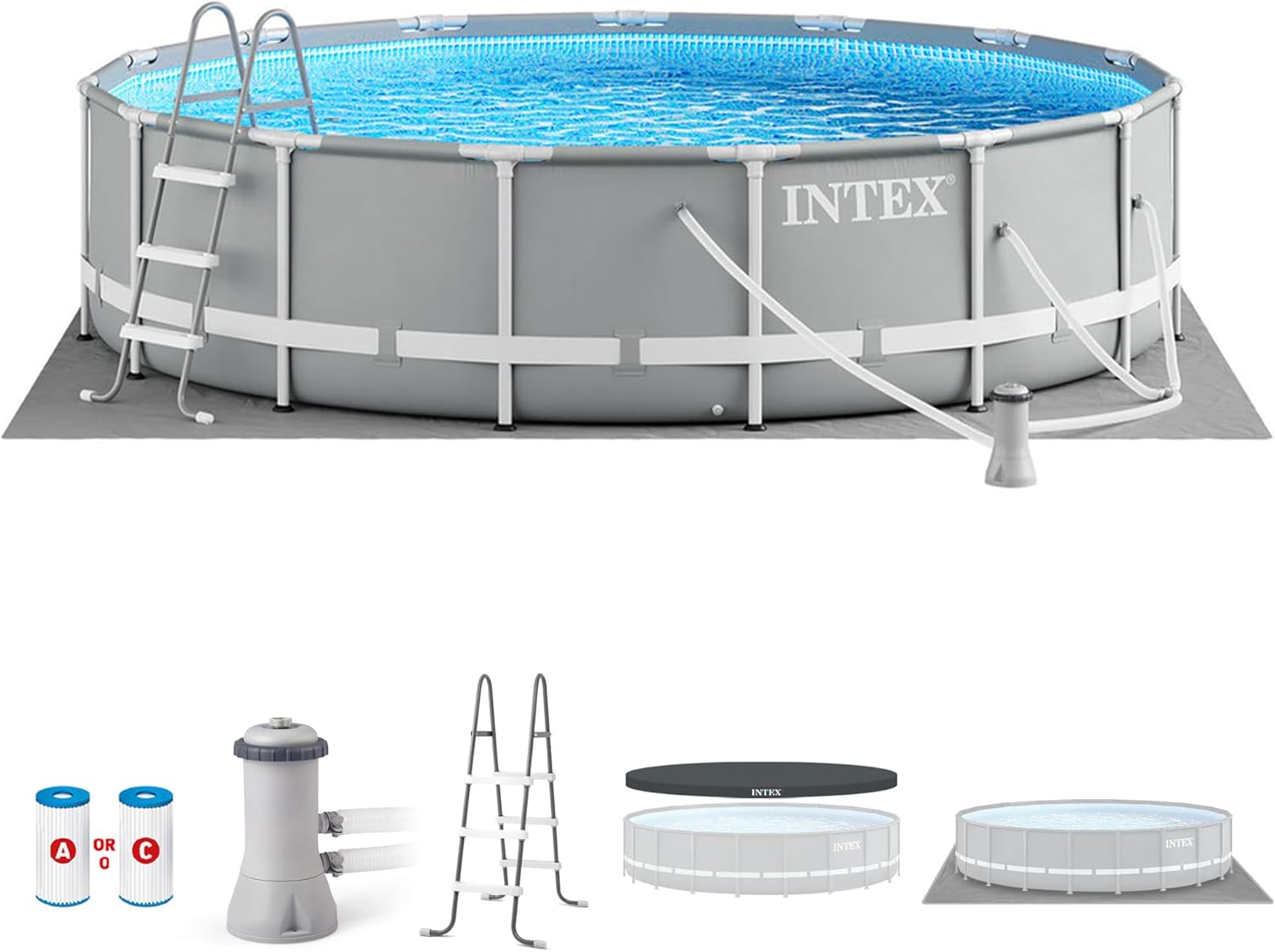 Intex 26723EH Prism Frame Premium Above Ground Swimming Pool Set: 15ft x 42in – Includes 1000 GPH Cartridge Filter Pump – Removable Ladder – Pool Cover – Ground Cloth