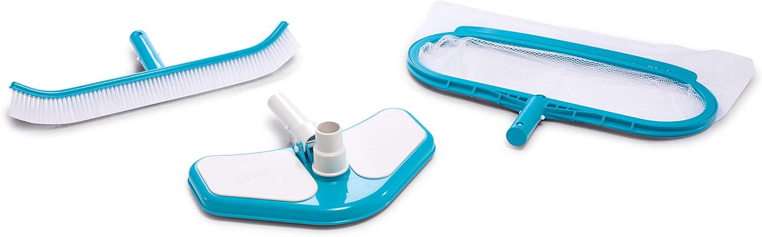 Intex 29057E Deluxe Pool Cleaning Kit for Above Ground Pools: Includes Deep Mesh Skimmer – Curved Wall Brush – Vacuum Head