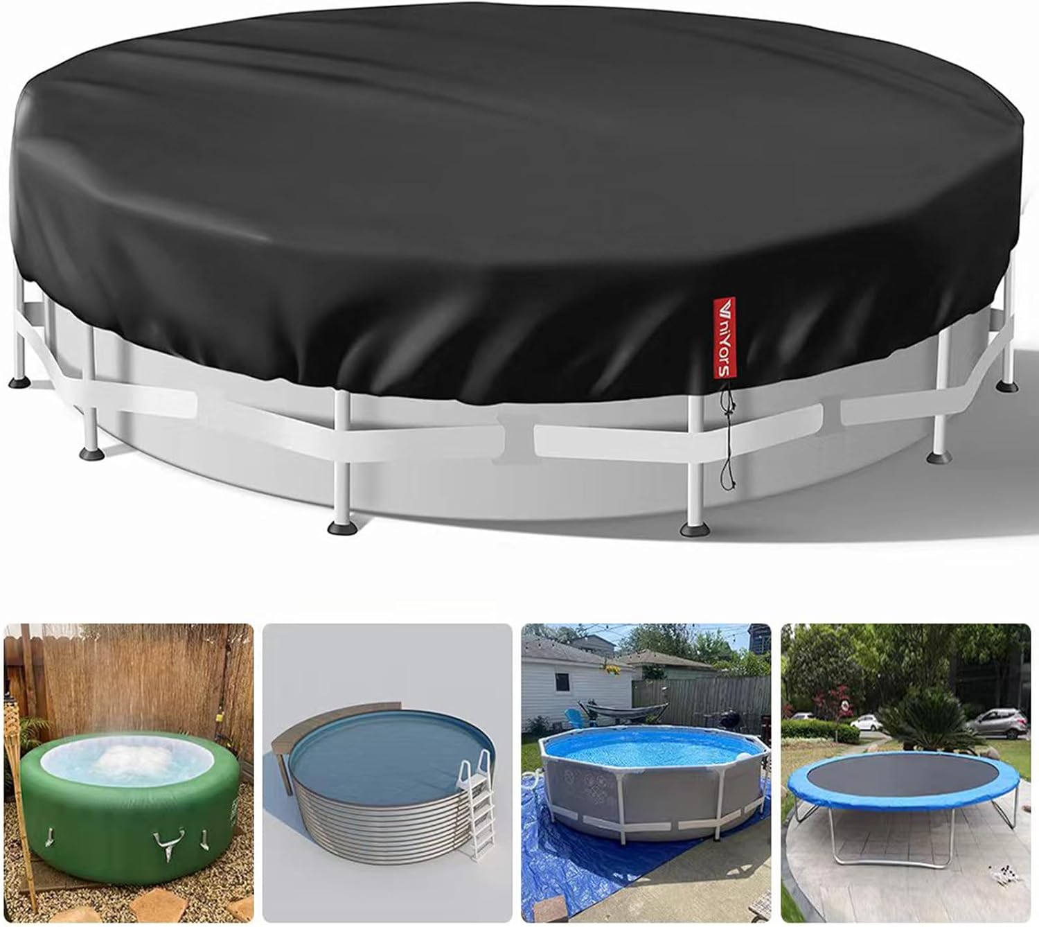 18 Ft Round Pool Cover, Heavy Duty Tear Resistant Pool Covers for Above Ground Pools, Waterproof Dustproof UV Protection Pool Solar Cover with Drawstring and Ground Nails