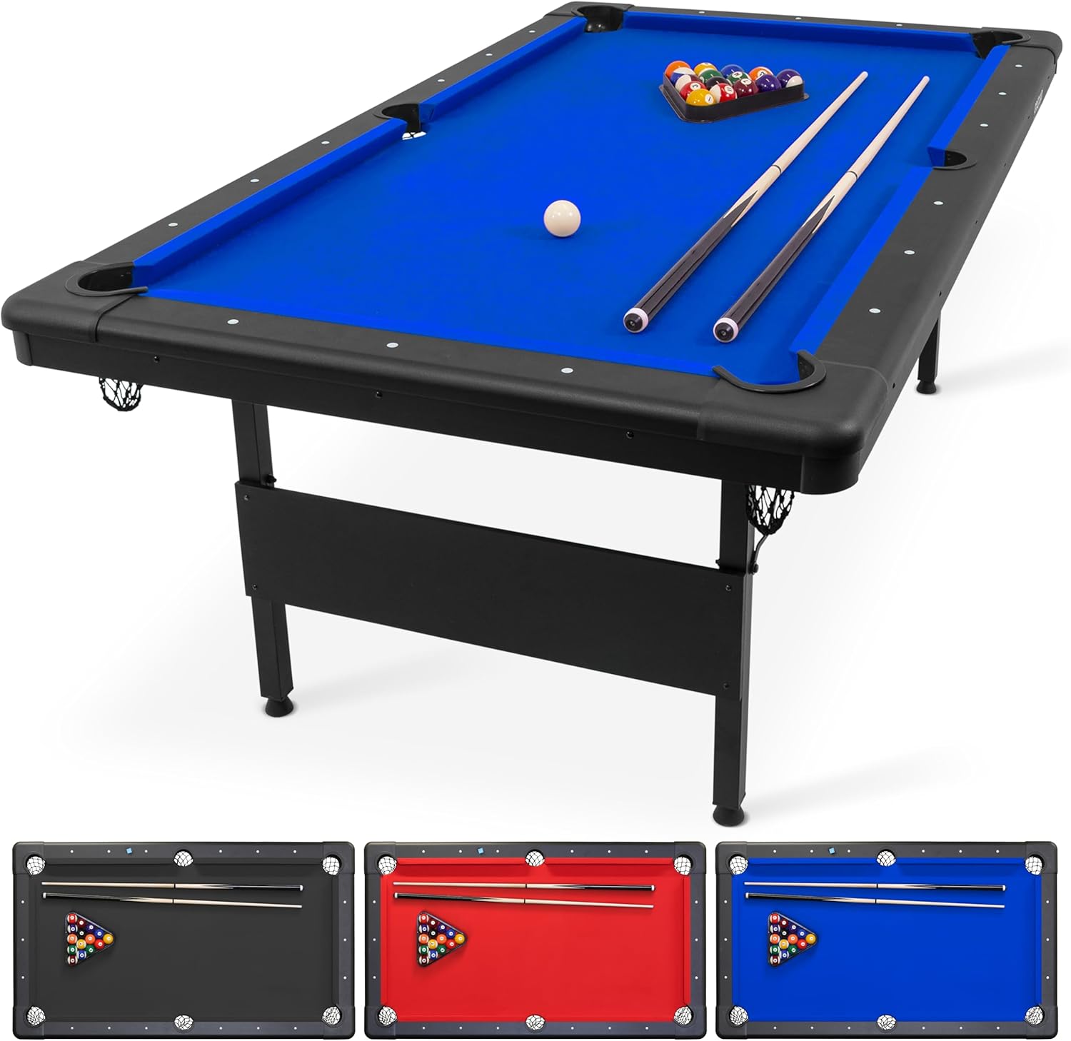 GoSports 6, 7, or 8 ft Billiards Table - Portable Pool Table - Includes Full Set of Balls, 2 Cue Sticks, Chalk and Felt Brush; Choose Size and Color