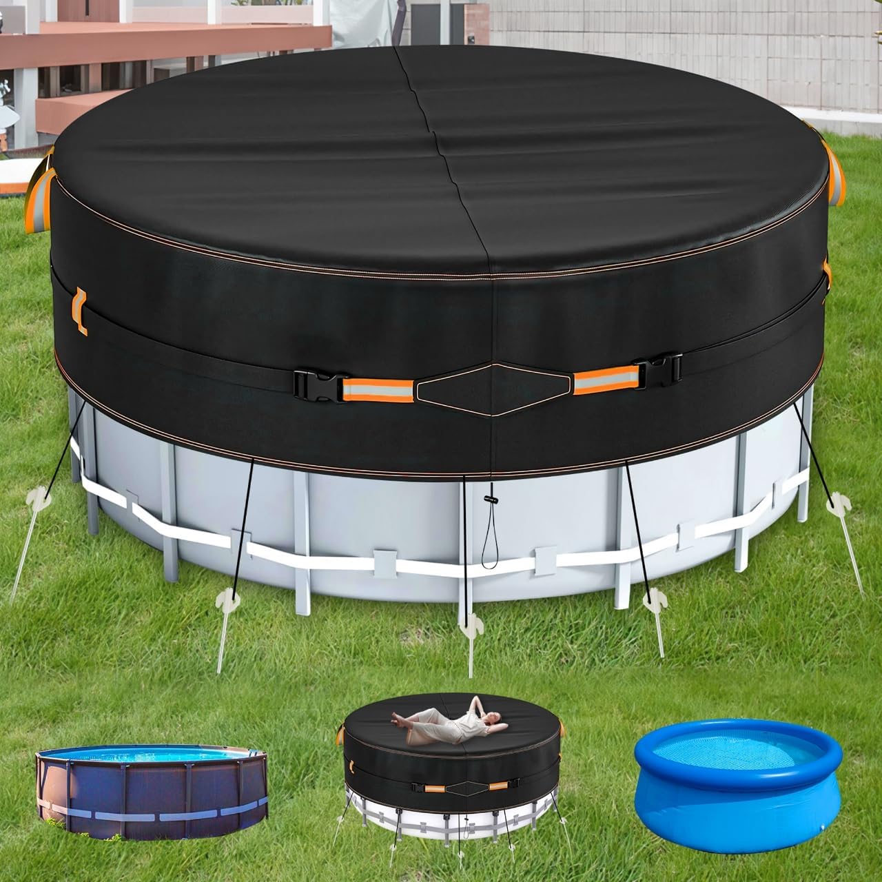 15 Ft Round Pool Cover with Superior Windproof Design, Swimming Pool Cover for Above Ground Pools, with Reflective Strips Ideal for UV Resistant, Waterproof, Weatherproof and Dustproof