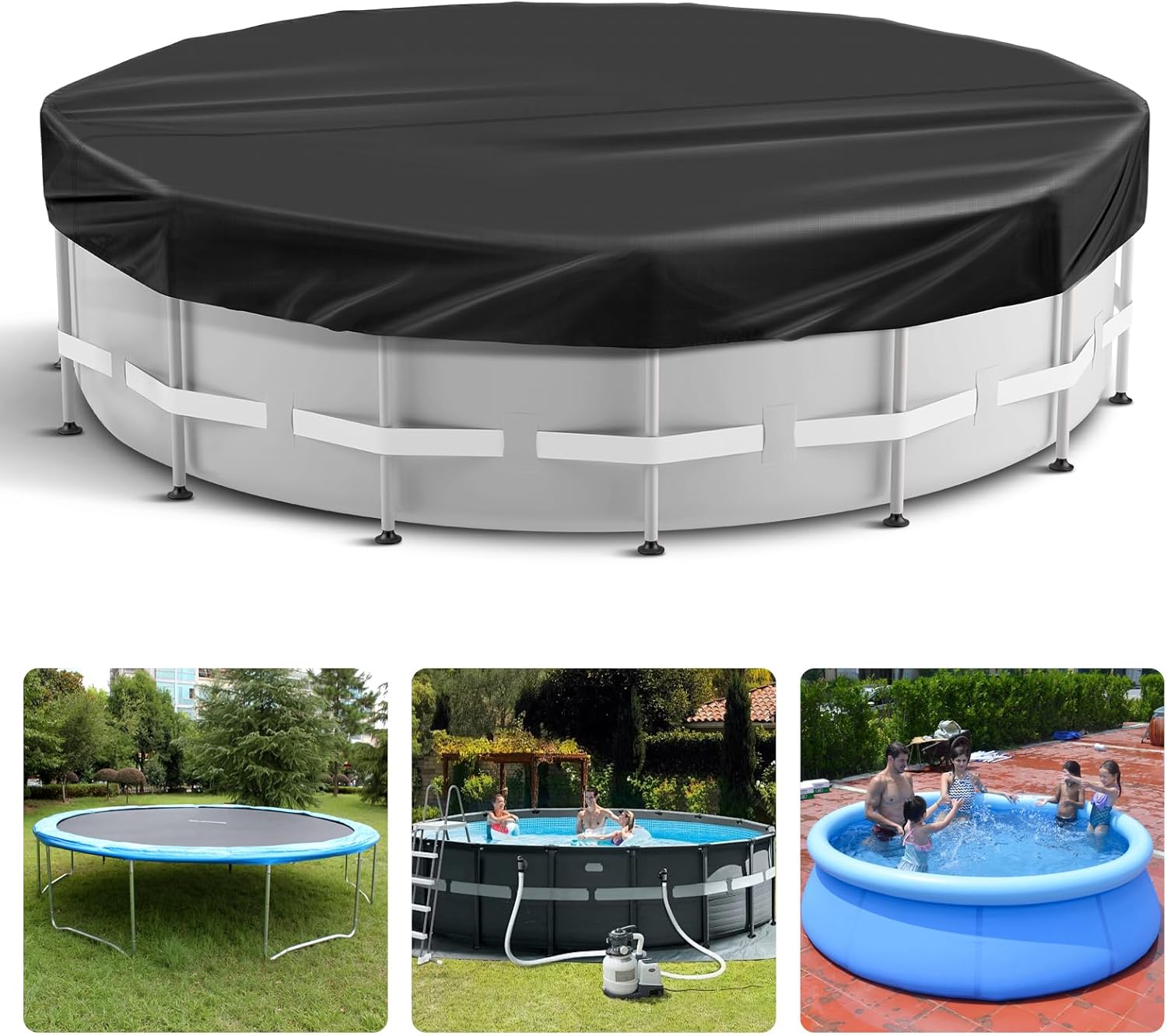 15 Ft Round Pool Cover Solar Cover for Above Ground Pool with Pool Covers Accessories Swimming Round Solar Pool Covers for Above Ground Pools Heavy-Duty Waterproof Dustproof(Black)