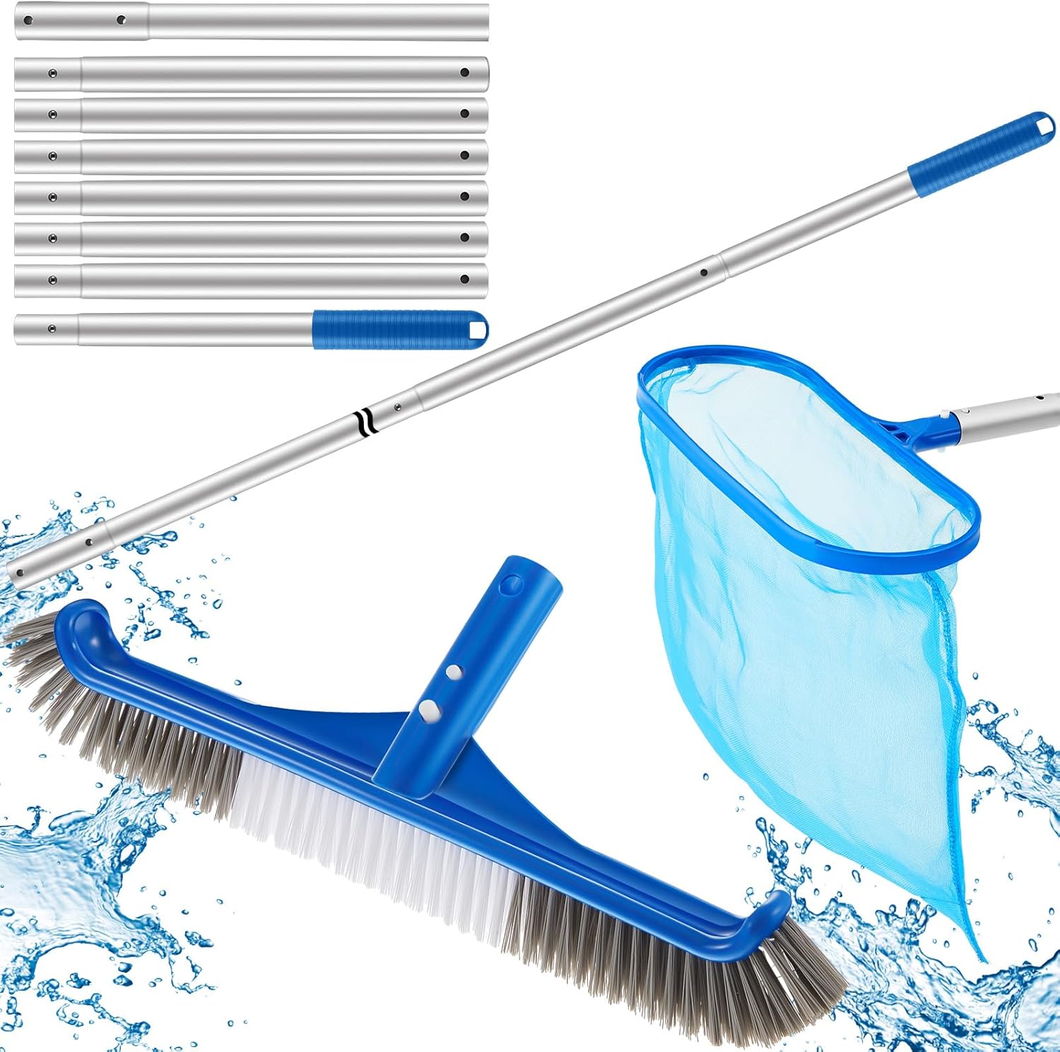 3 Pcs Swimming Pool Cleaning Kit,12 ft Telescopic Aluminum Pole16.9 Inch Brush Head with Fine Mesh Skimmer Net Swimming Pool Cleaner for Spas, Hot Tub Fountains