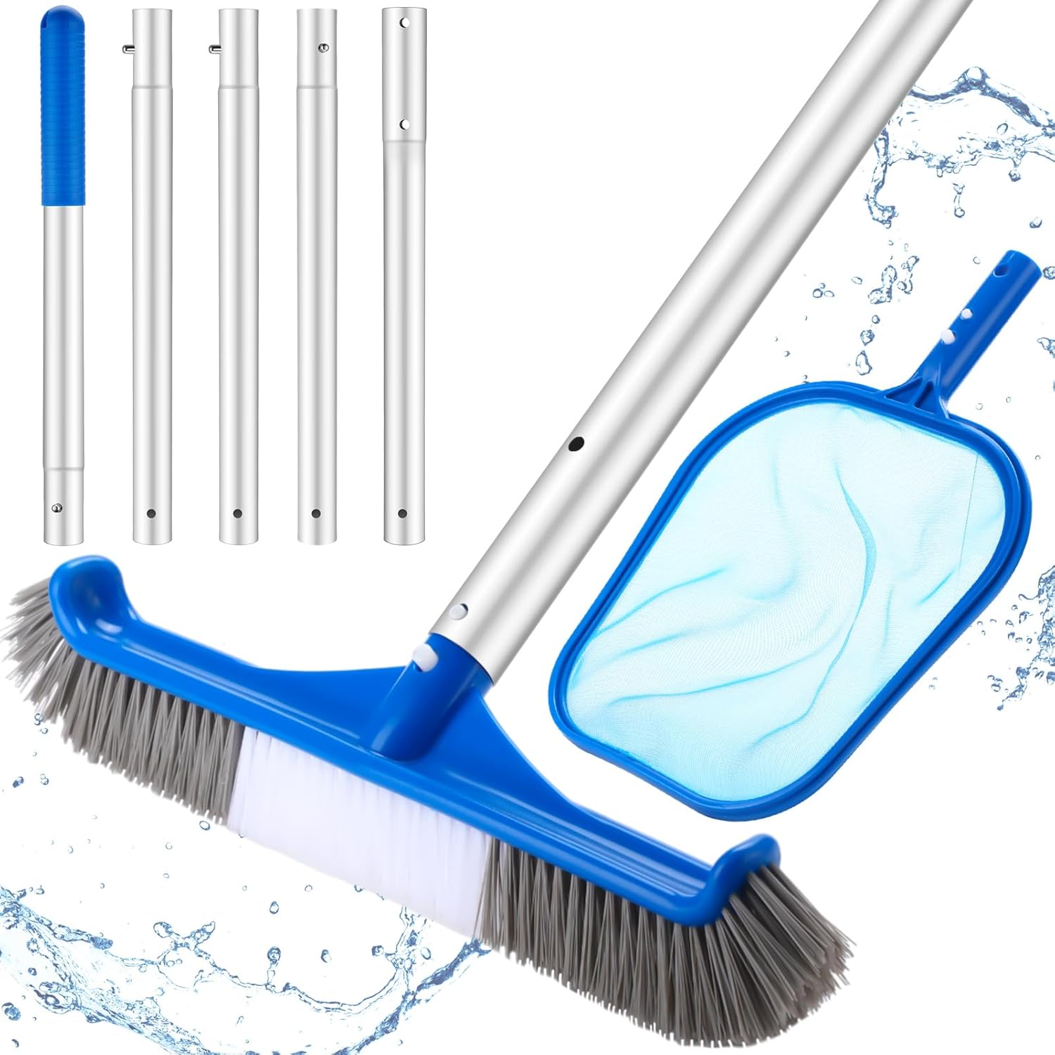 3 Pcs Pool Cleaning Kit with Hand Skimmer Net, 47.24" Aluminum Pole and 17.5" Pool Brush Maintenance Accessory Tool for Inflatable Pool Home Tubs Spa