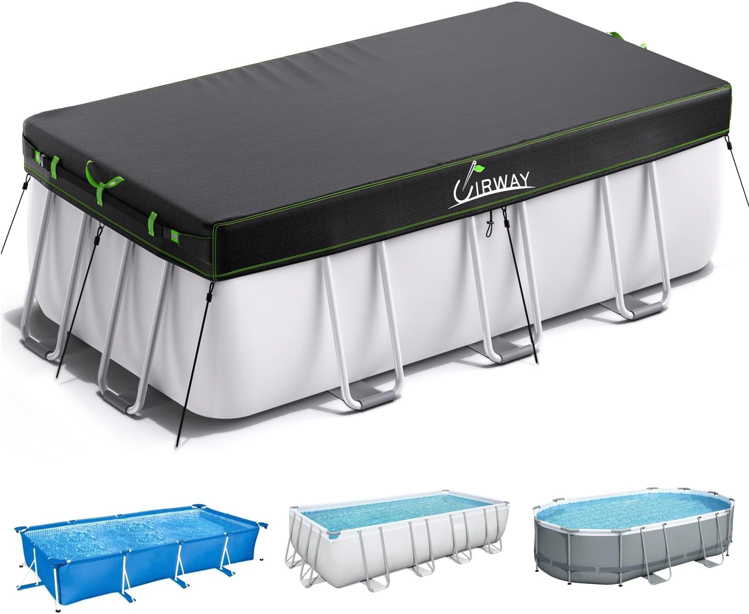 UIRWAY 12x24 FT Rectangular Pool Cover with Reflective Strips for Above Ground Pool, Solar Cover Including Rope Tie and Luminous Ground Nails, Swimming Pool Cover for Rectangular or Oval Frame Pools