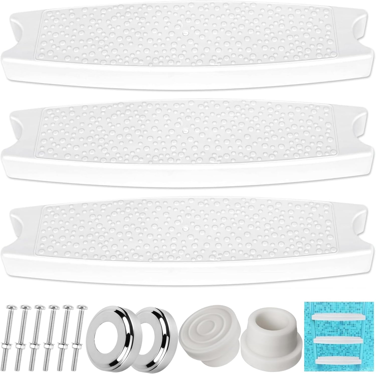 3 Pack Replacement Swimming Pool Ladder Steps for Inground Pools,18'' Heavy-Duty Plastic Molded White Ladder Rung with 1.9'' Rubber Bumper Cap and Stainless Steel Escutcheon Plates