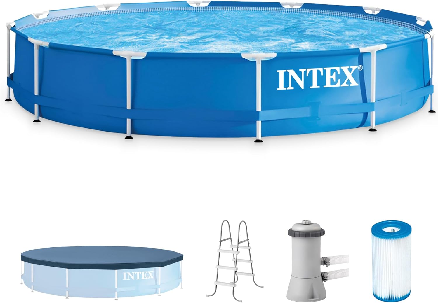 Intex 12′ x 30″ Round Metal Frame Outdoor Above Ground Swimming Pool Set with Filter Pump, Cartridges, 42 Inch Steel Pool Ladder, and Secure Cover
