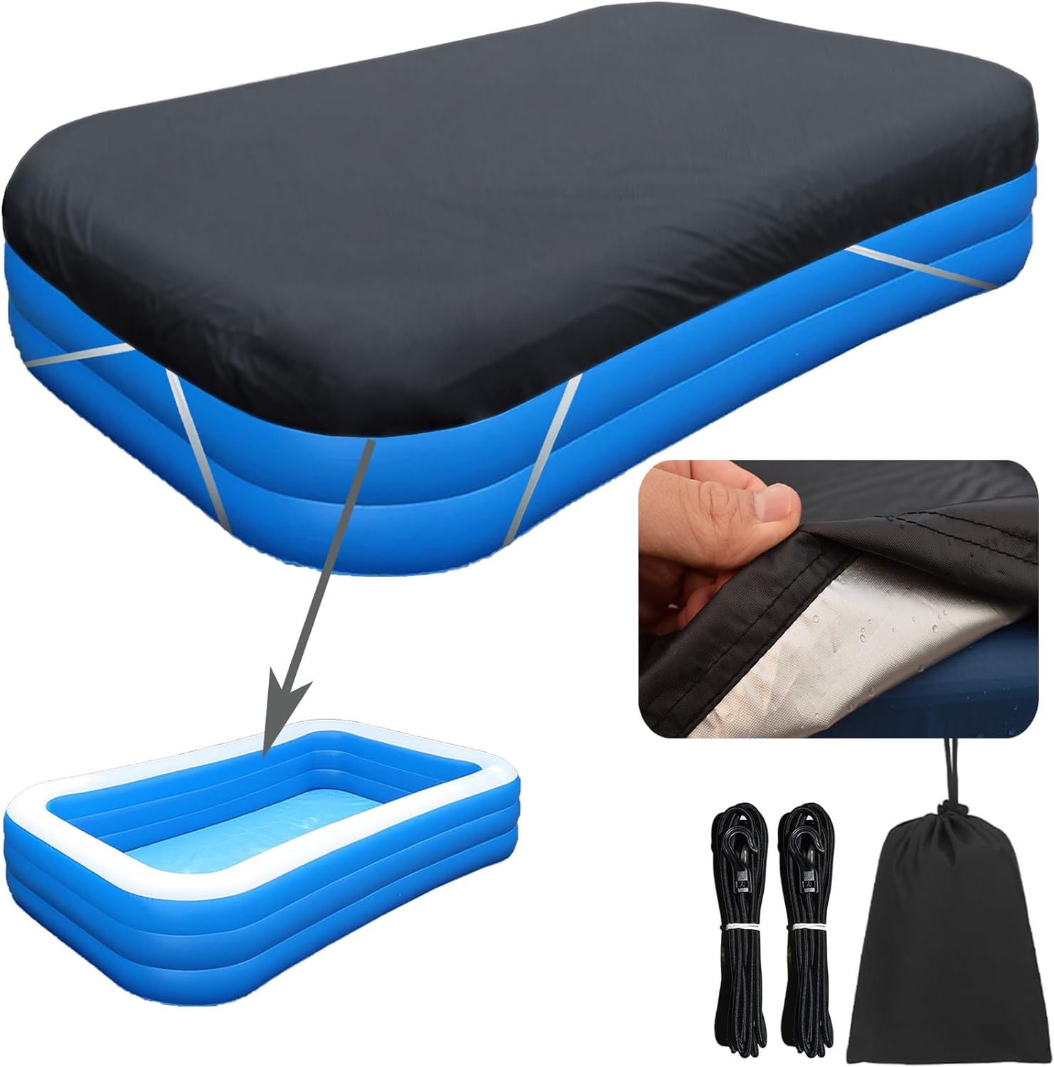 120 x 72 Inflatable Pool Cover, 10x6 ft Rectangular Pool Cover, 210D Heavy Duty Pool Covers with Strong Tear Resistant, with Precision Double Stitching, 20s Easy Set