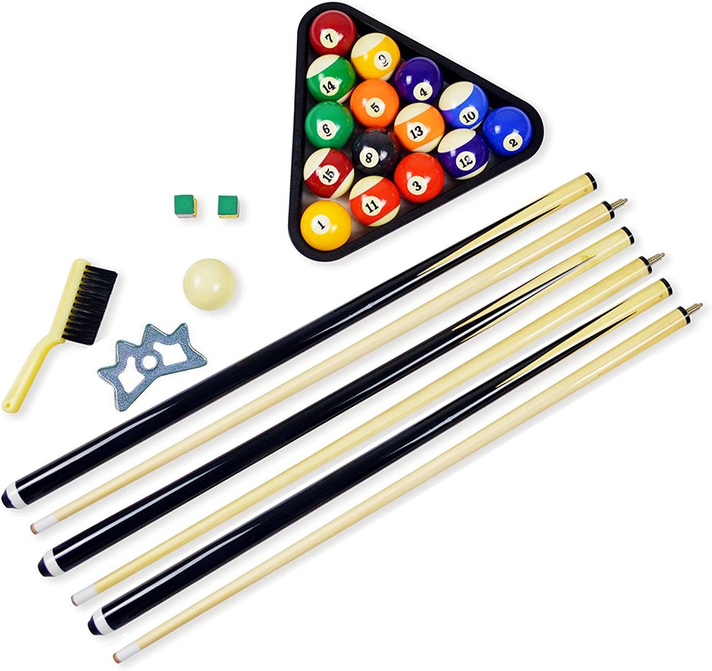 Hathaway Pool Table Accessories Kit - Pool Sticks Set of 2, 16 Billiard Balls, Pool Rack Triangle, Brush, Chalk, & Bridge Stick with Aluminum Head - Billiards Accessories for Gameplay