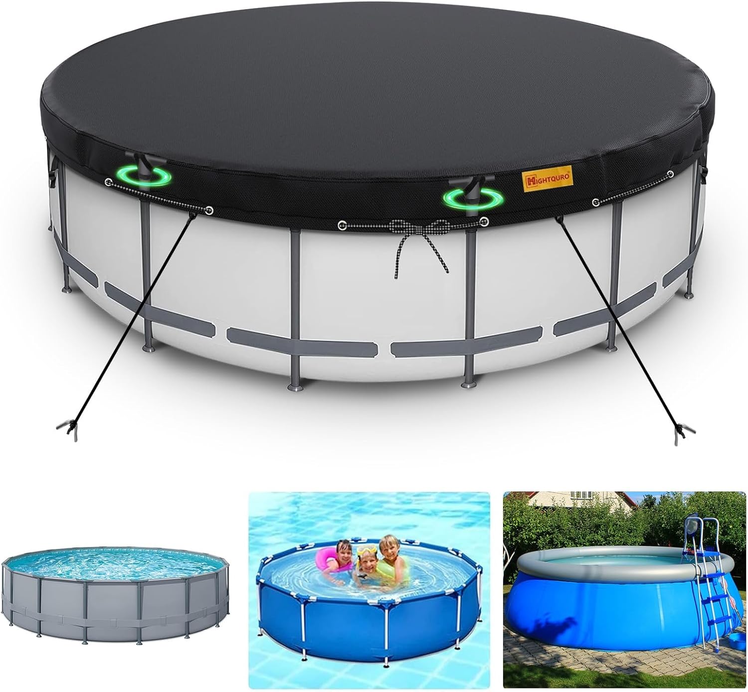 12Ft Round Pool Cover,Heavy Duty Waterproof Round Pool Covers for Above Ground Pools with Ground Nails and Windproof Ropes,Increase Stability&Tear-Resistant, Waterproof and Dustproof, Black