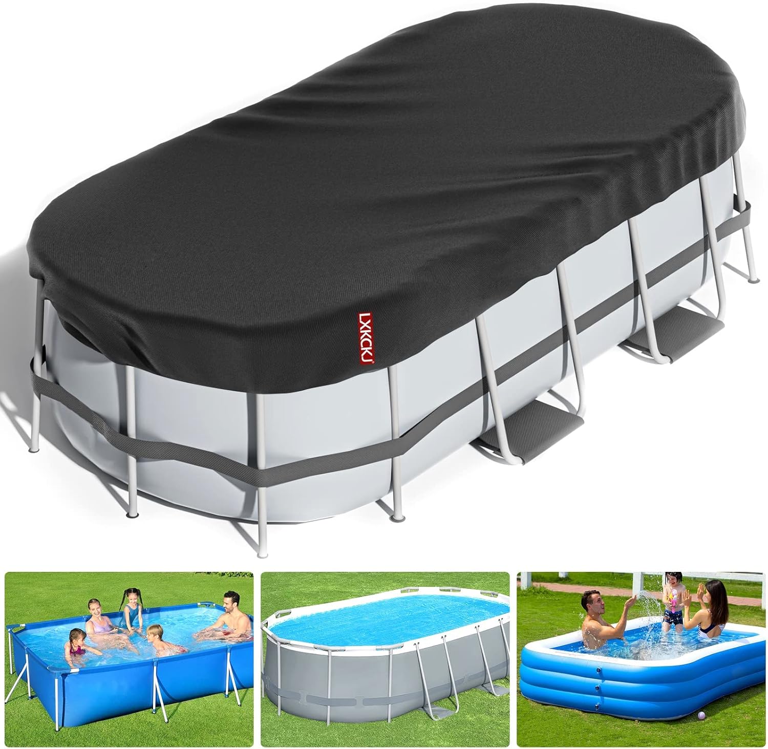 LXKCKJ 10×16 FT Rectangular Pool Cover with Above Ground Pool, Solar Oval Pool Cover Protector, Winter Pool Cover with Accessories Set Ideal for Cold and UV Resistant, Dustproof (Black)