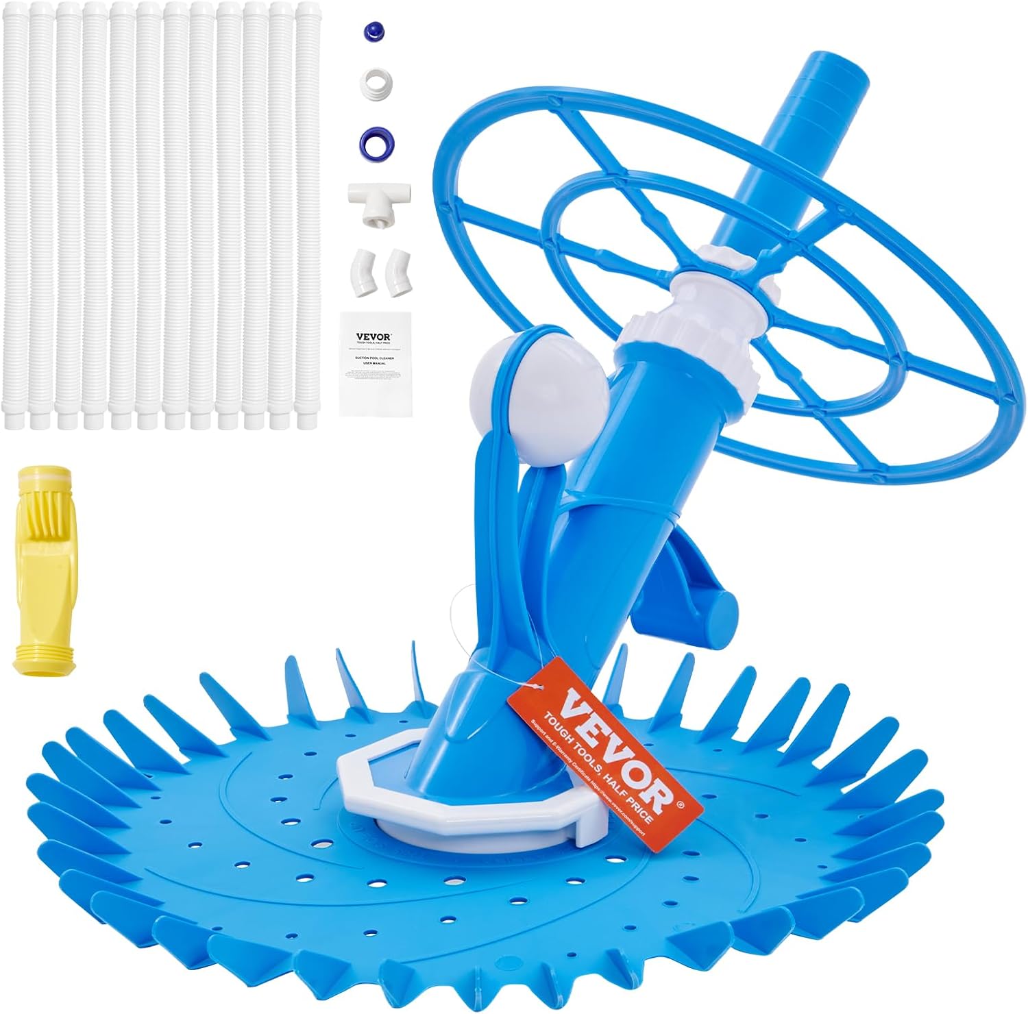 VEVOR Suction Pool Cleaner, Automatic Pool Vacuum Cleaner with Extra Diaphragm, Suction Sweeper with 12 x 32 in Hoses & 36-Fin Cleaning Disc, Side Climbing Cleaner for Above-Ground & In-Ground Pools