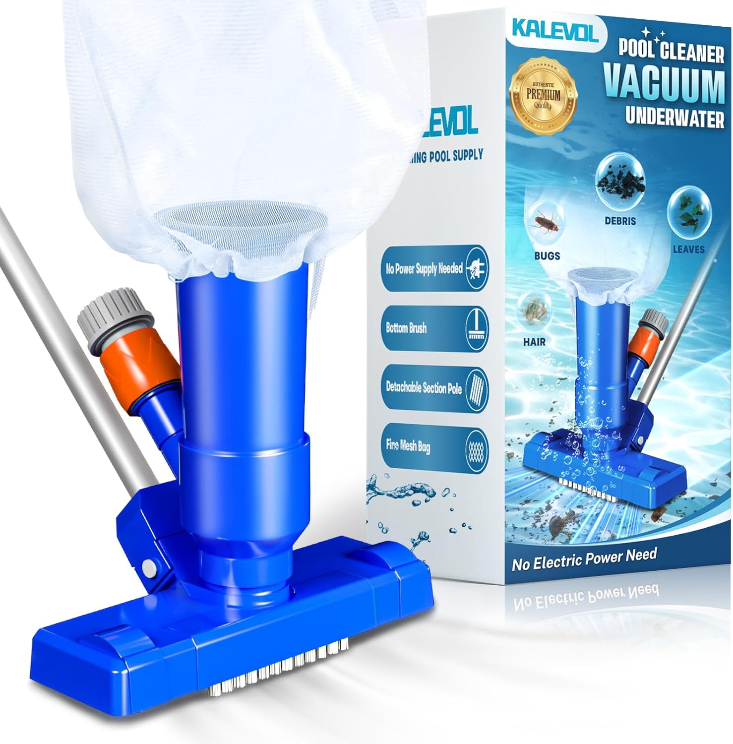 Pool Vacuum Cleaner for Above Ground Pool, Jet Underwater Cleaner with 3 Scrub Brushes & Nylon Mesh Net, Portable Pool Vacuum for Spa Fountain Pond Hot Tub Includes 47" Telescopic Pole, Blue