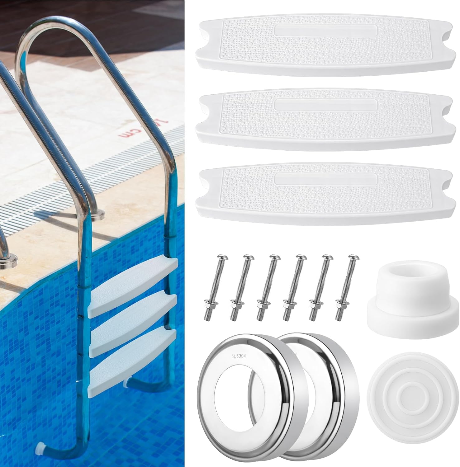 3 Pcs Swimming Pool Ladder Steps with Pool Ladder Bumpers and Pool Ladder Escutcheon Plates, 18'' Pool Ladders Replacement for Inground Swimming Pools