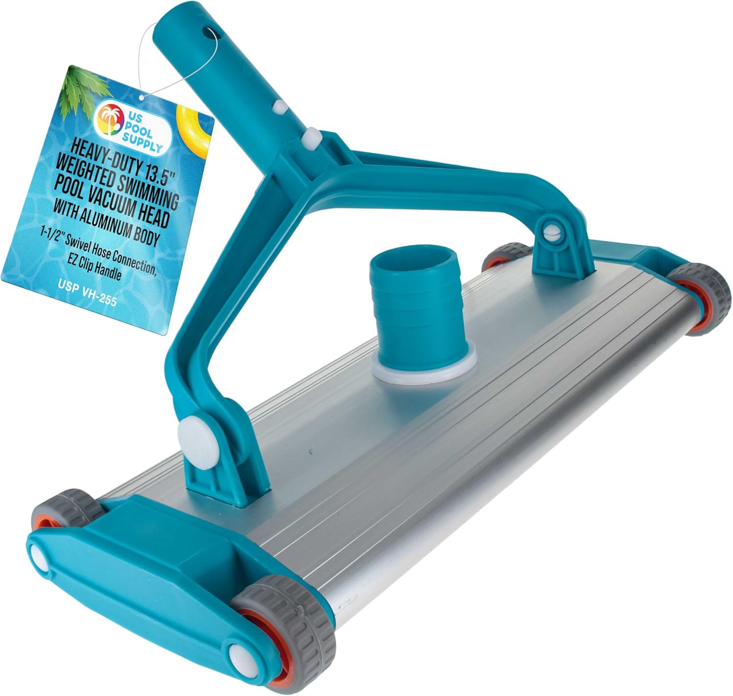 U.S. Pool Supply Heavy-Duty 13.5" Weighted Swimming Pool Vacuum Head with Aluminum Body - 1-1/2" Swivel Hose Connection, EZ Clip Handle - In-Ground Gunite Concrete Pools, Clean Floor, Walls, Slopes
