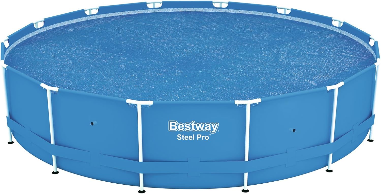 Bestway Flowclear 14 Foot to 15 Foot Round Solar Heat Pool Cover for Above Ground Swimming Pools with Storage Bag, Blue (Cover Only)