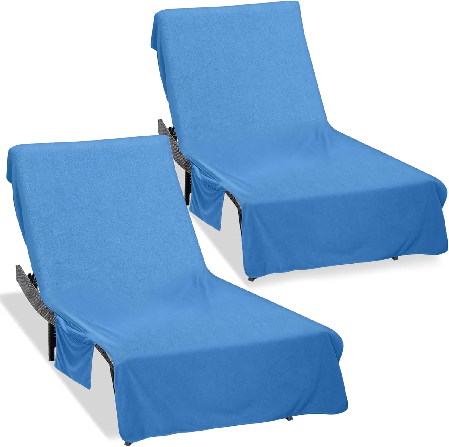 Lounge Chair Towel Cover (Pack of 2), Beach Chair Cover with Pockets, Chaise Lounge Cover for Pool Beach Garden Courtyard and Trips, 85 x30 in Soft Absorbent Pool Chair Cover, Medium Blue