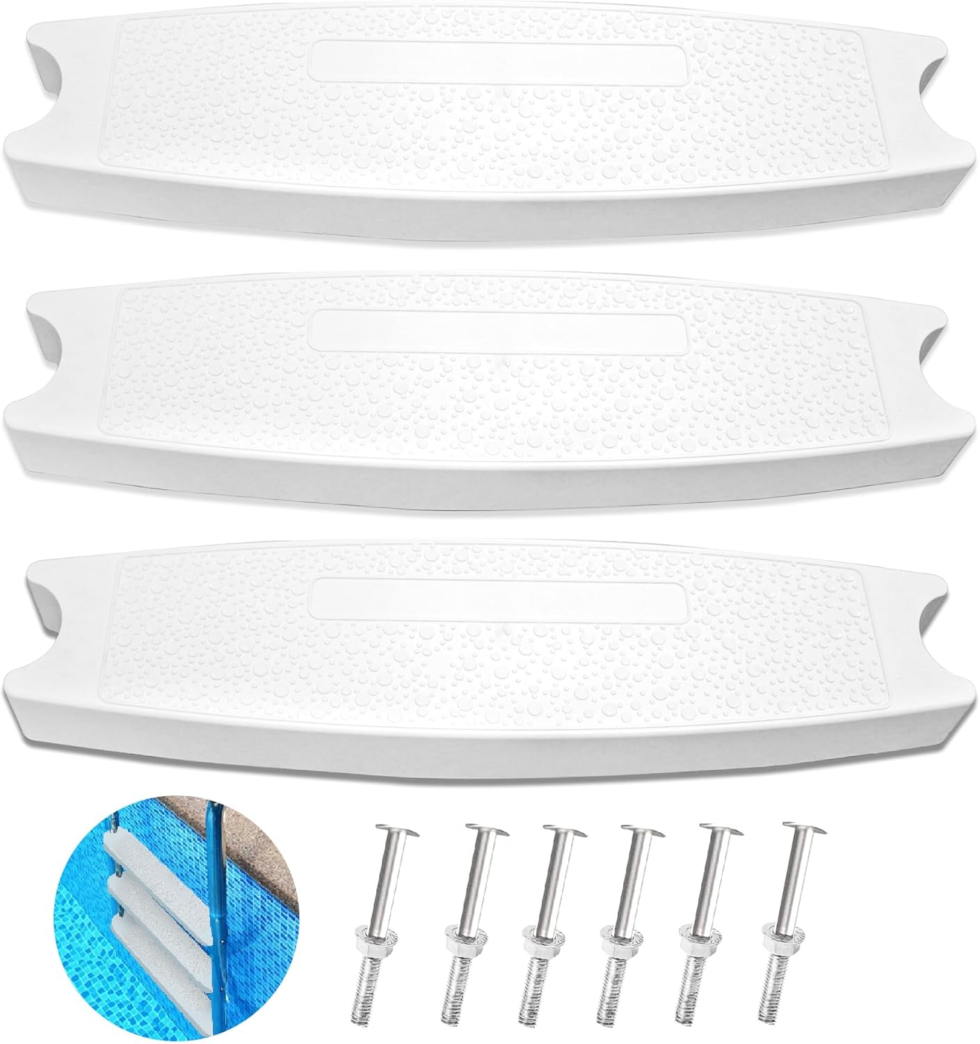 3-Pack 18" Universal Pool Ladder Steps Replacement,Heavy-Duty Molded Plastic Swimming Pool Ladder Rung Step with 6PCS Stainless Steel Bolts,Fit for Most Above-Ground and In-Ground Pools,White
